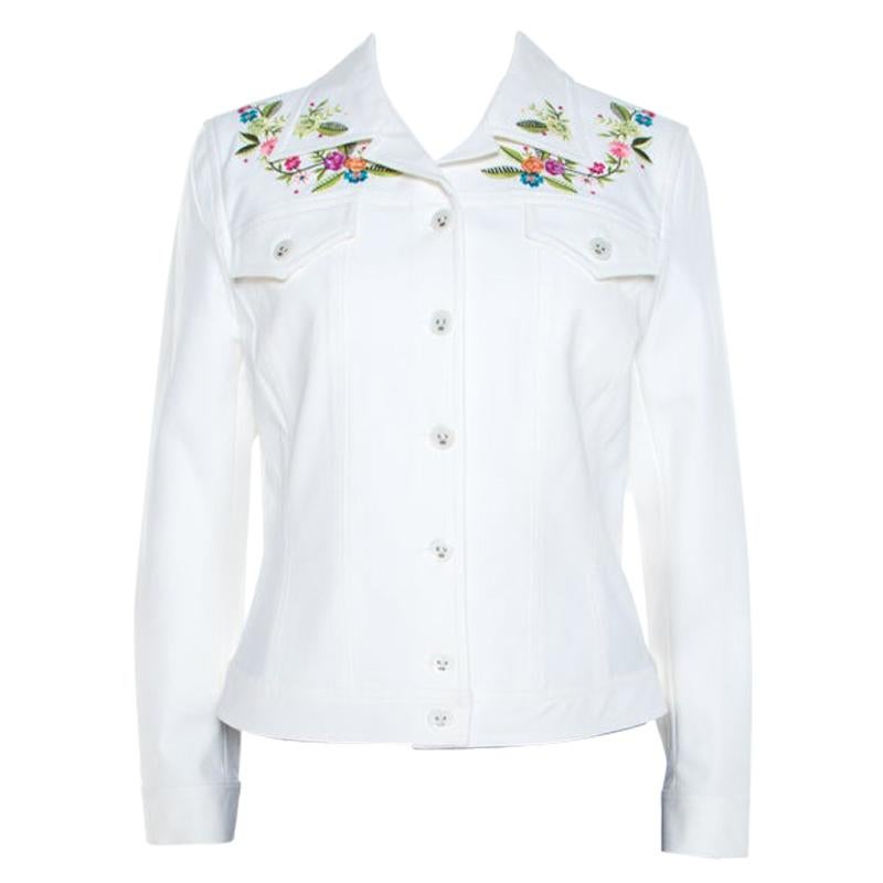 Escada White Denim Floral Embroidered Jacket M