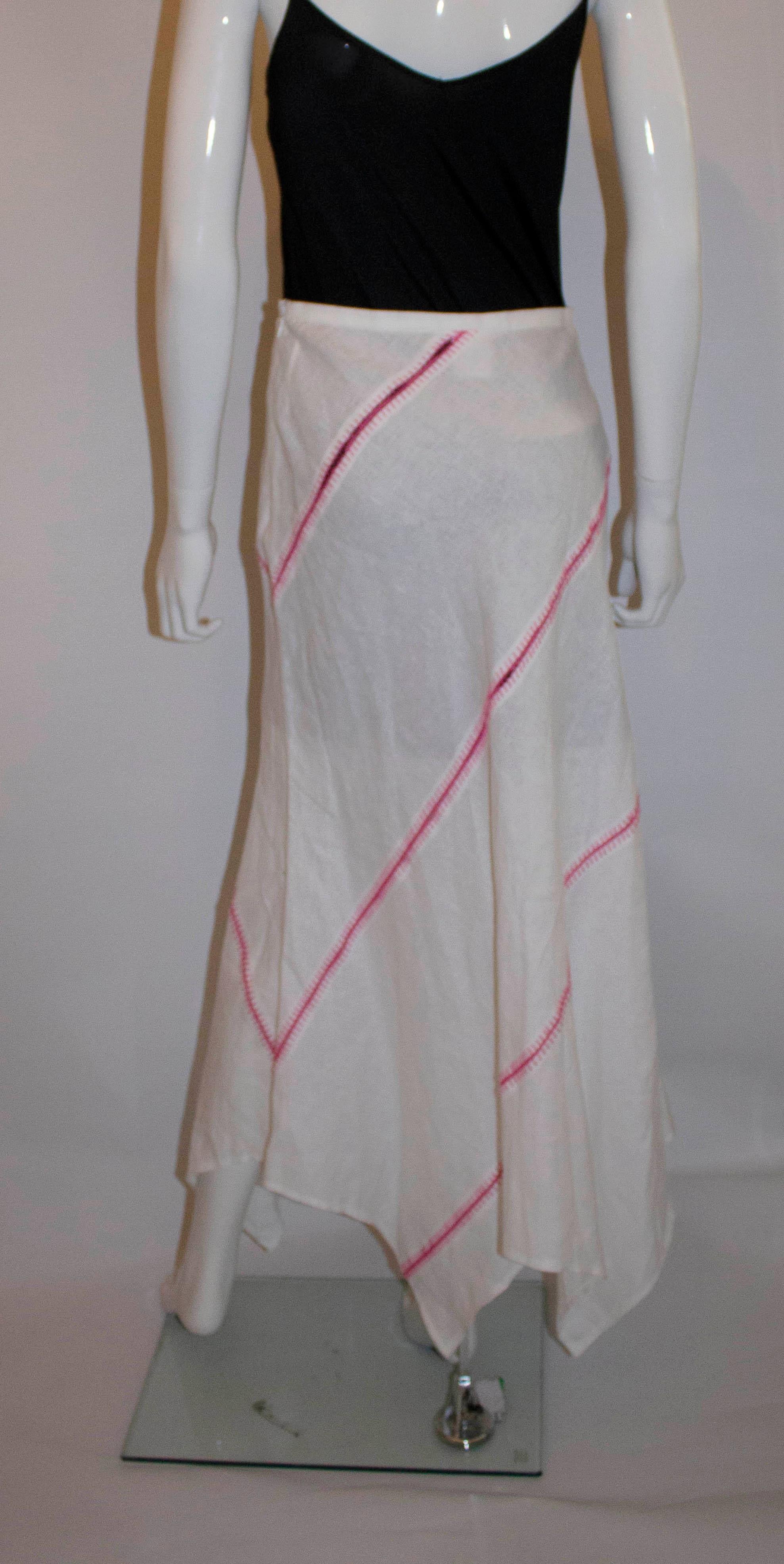 Gray Escada White Linen Skirt with Pink Stitch Detail For Sale