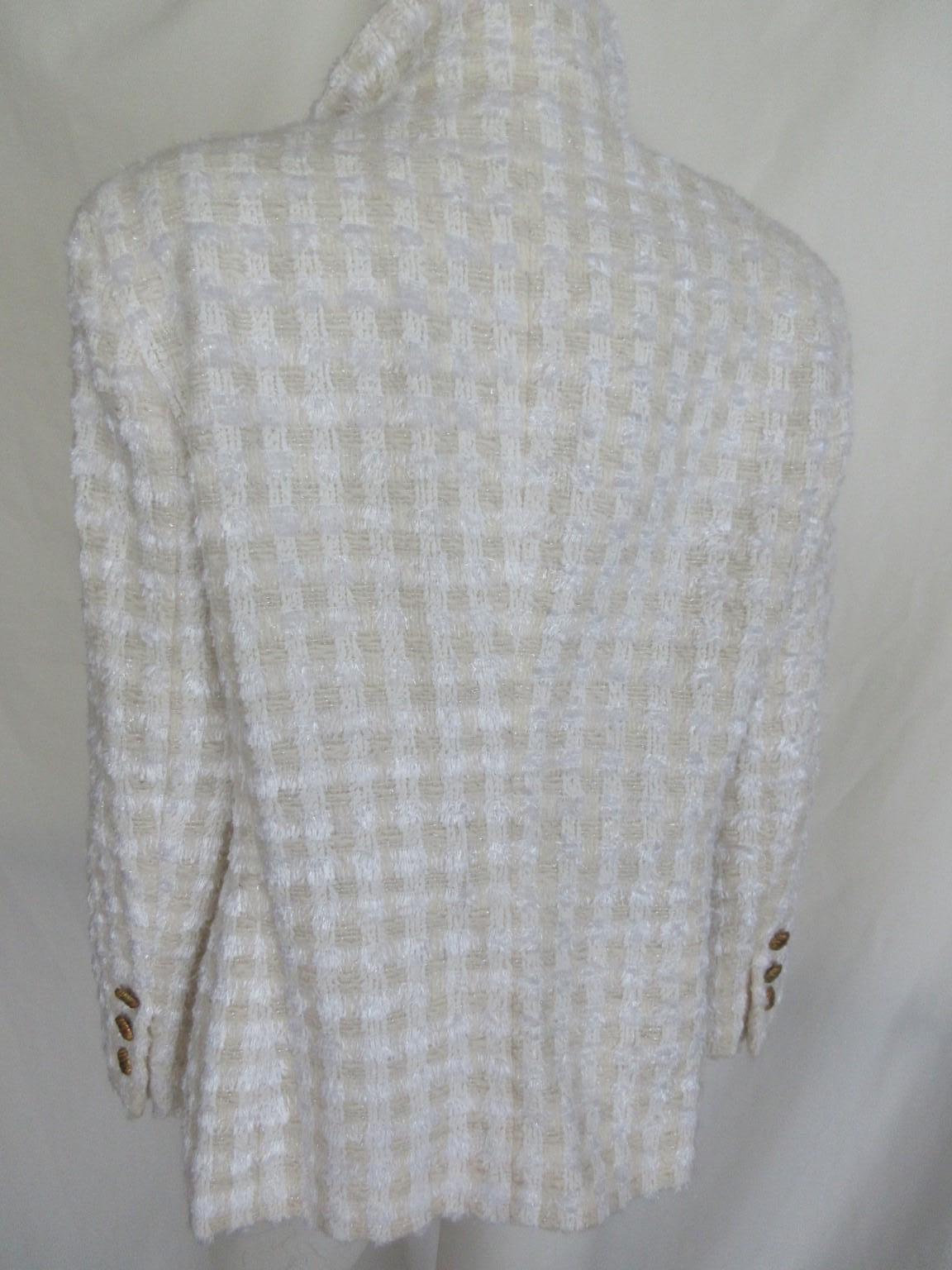 Women's or Men's Escada White Silver Wool Boucle 2 piece Blazer Skirt For Sale