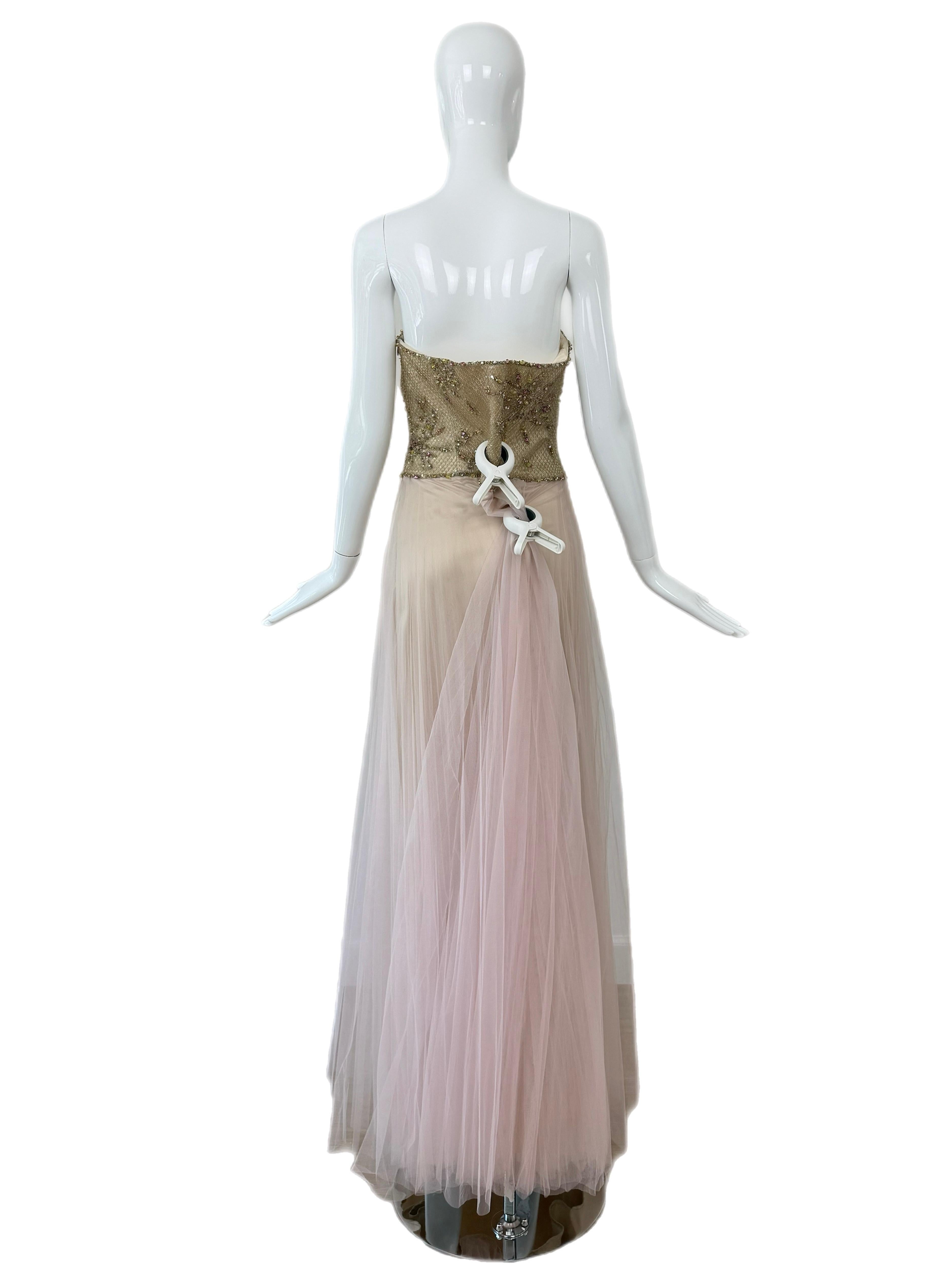 ESCADA Y2K Vintage Verschönertes Rosa + Gold Tüll Ballkleid Abendkleid Maxi Kleid (Grau) im Angebot