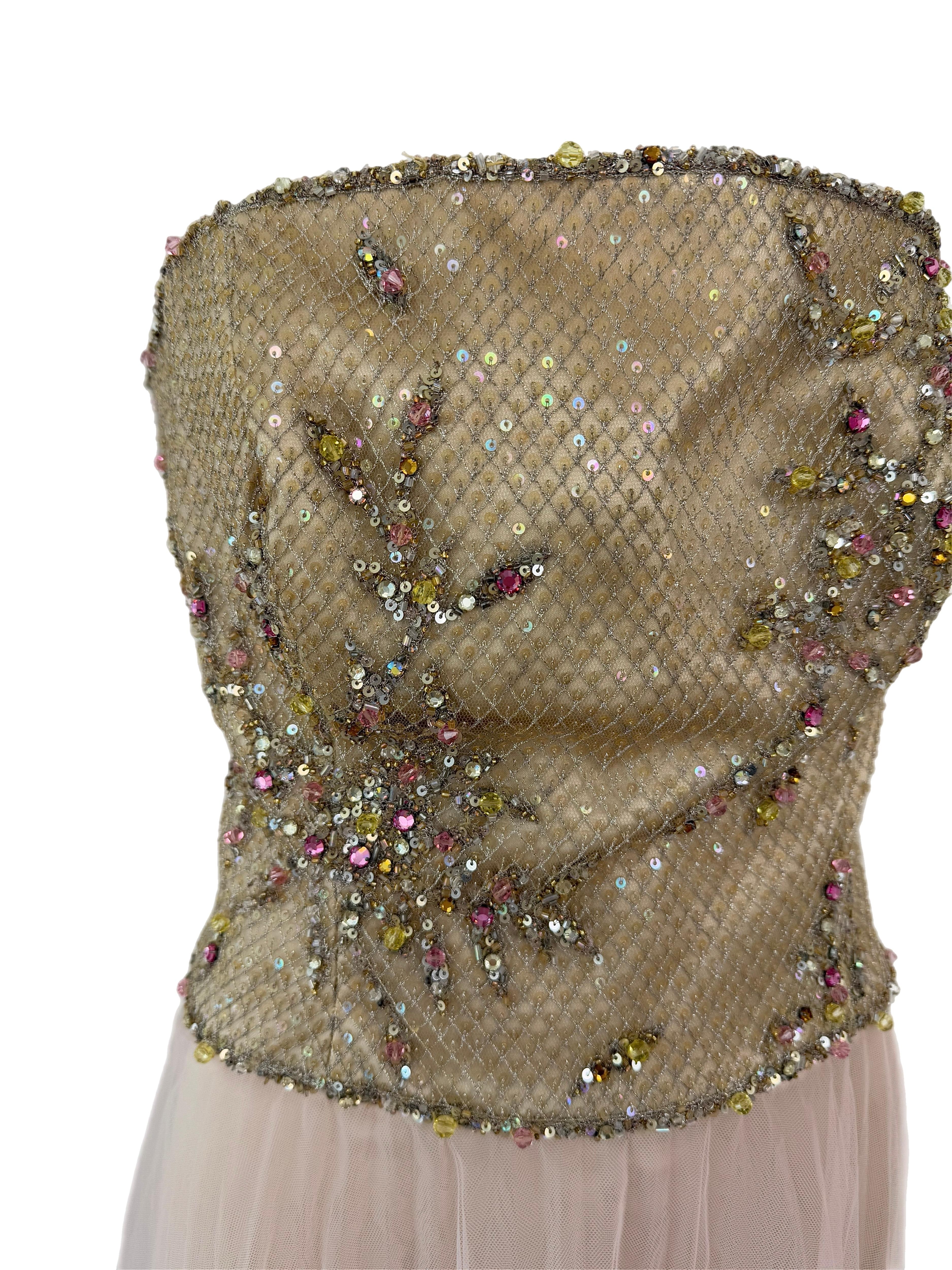 ESCADA Y2K Vintage Verschönertes Rosa + Gold Tüll Ballkleid Abendkleid Maxi Kleid Damen im Angebot