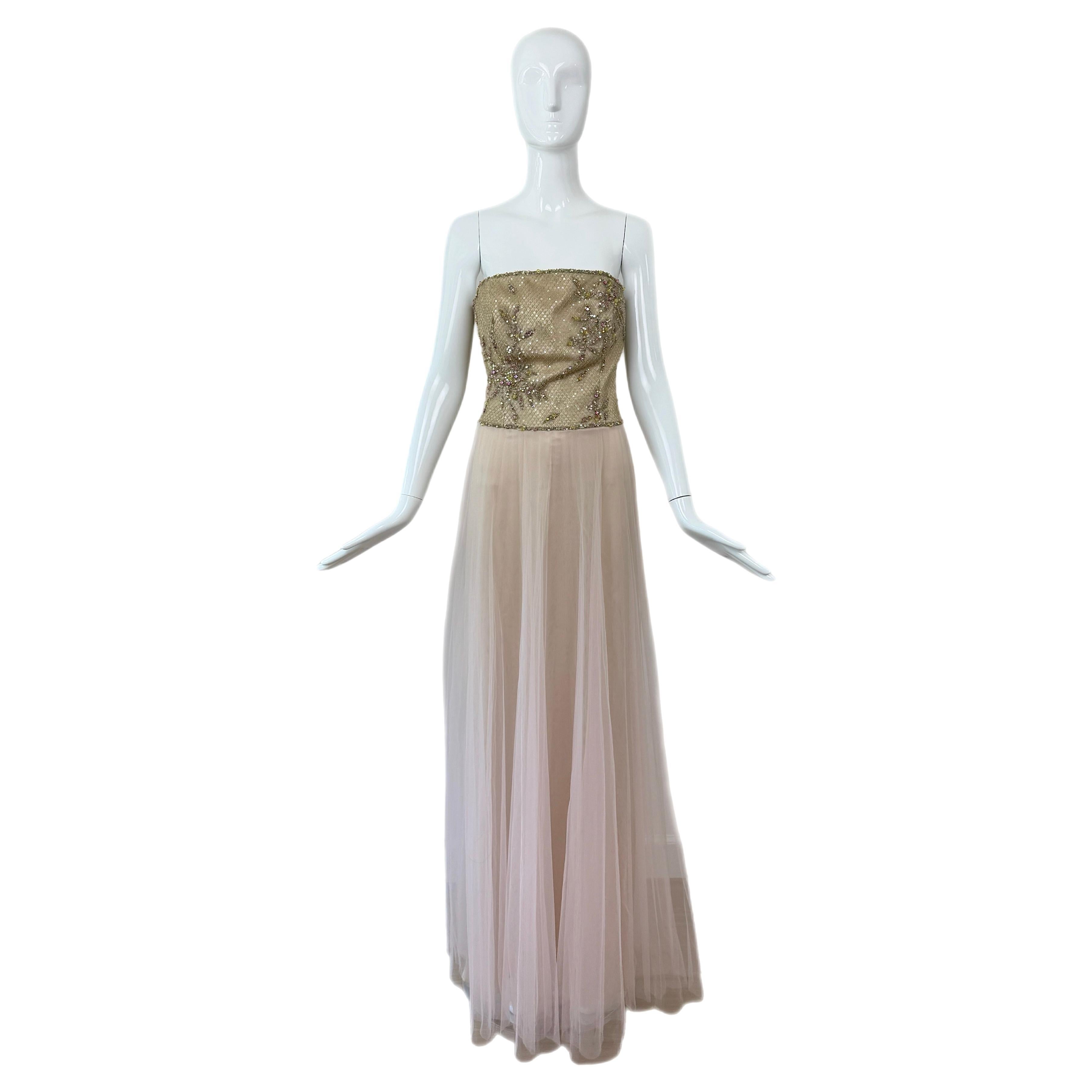 ESCADA Y2K Vintage Verschönertes Rosa + Gold Tüll Ballkleid Abendkleid Maxi Kleid im Angebot