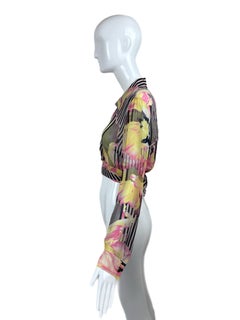 ESCADA Y2K Vintage Silk Colorful Cropped Blouse Pinstripe Floral