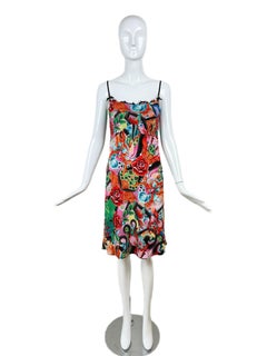 ESCADA Y2K Vintage Silk Colorful Slip Dress Lace Bow Peek-A-Boo