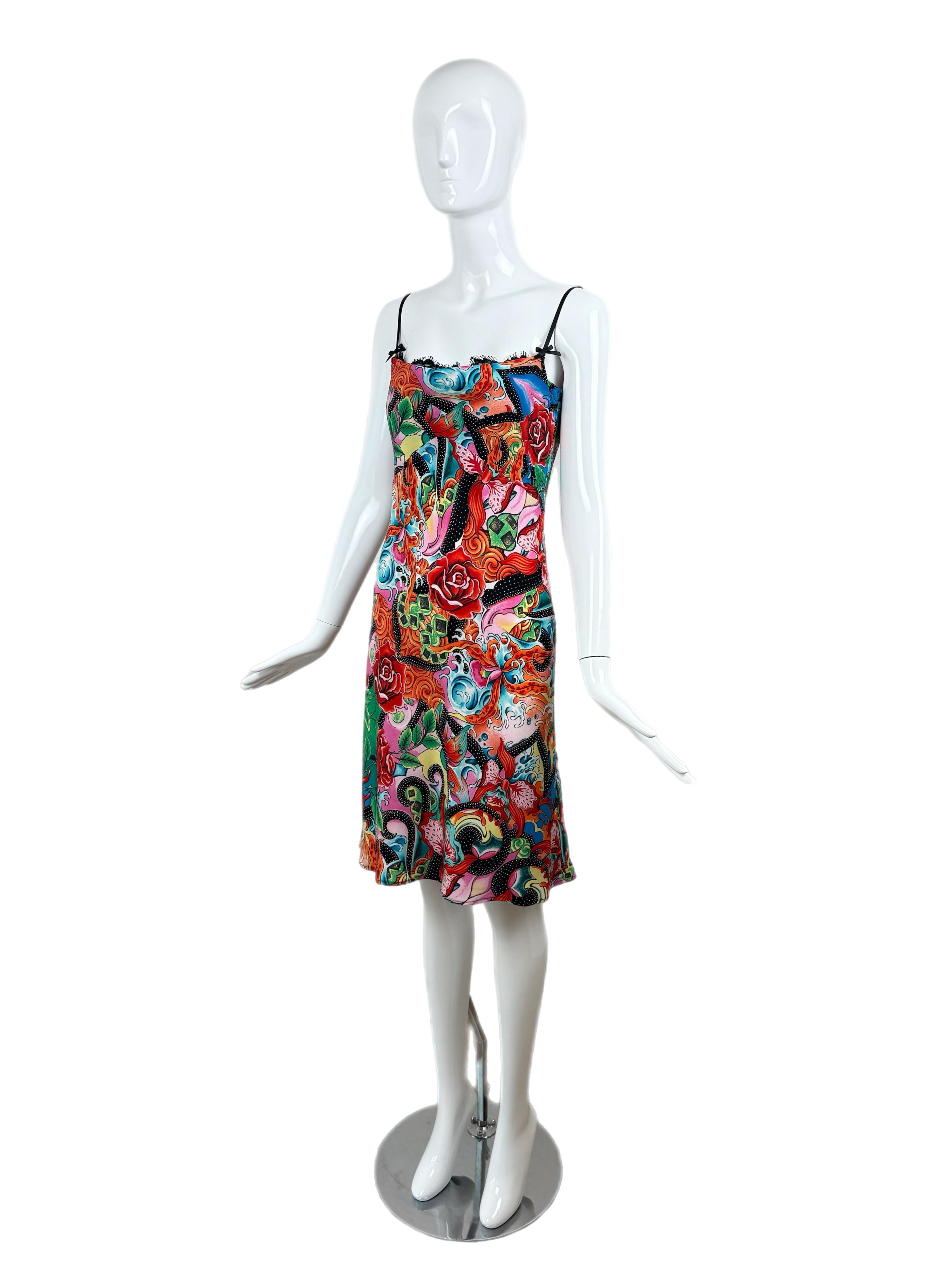 ESCADA Y2K Vintage Seide Buntes Slip-Kleid mit Spitzenschleife Peek-A-Boo aus Seide (Grau) im Angebot