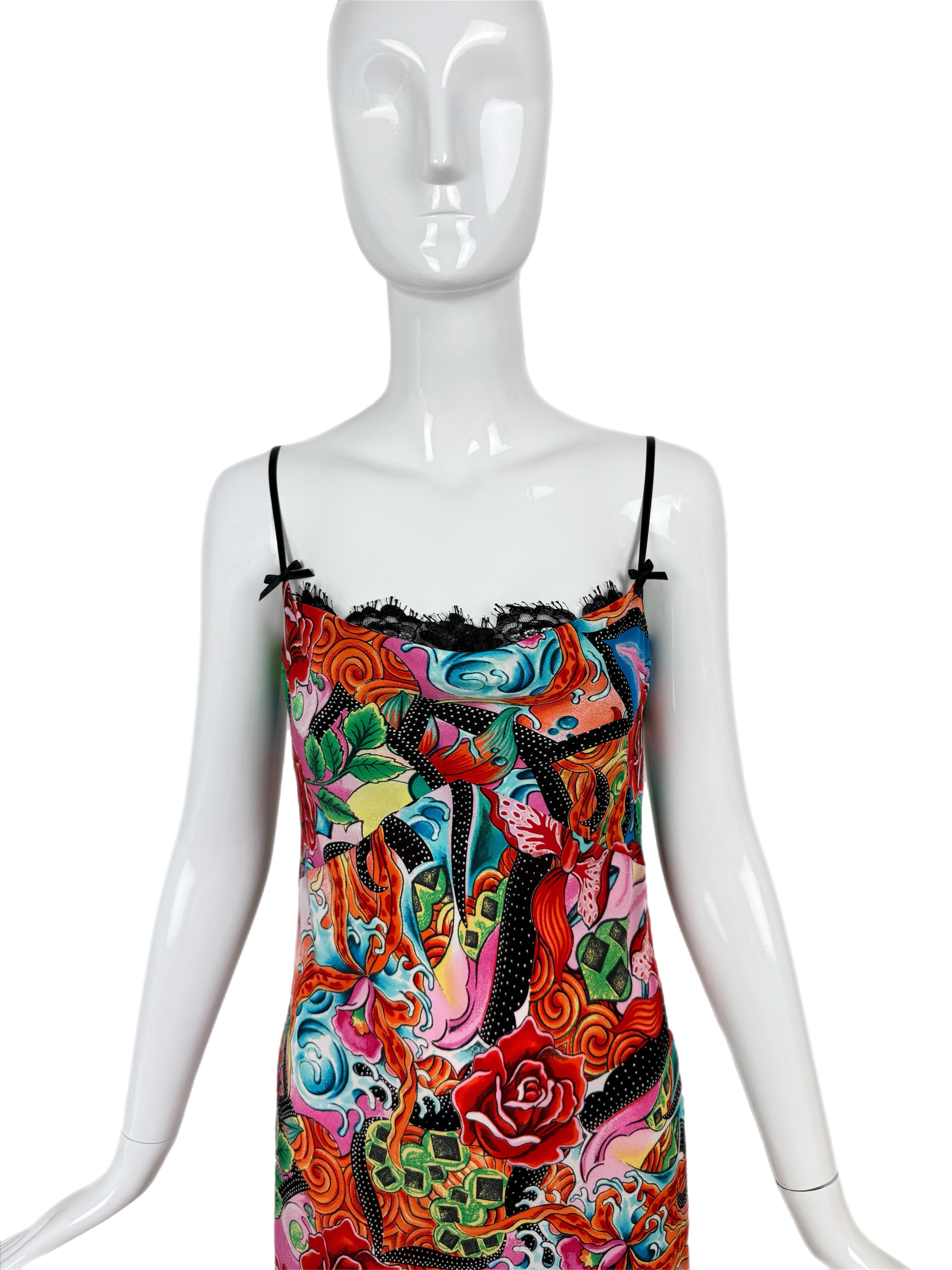 ESCADA Y2K Vintage Seide Buntes Slip-Kleid mit Spitzenschleife Peek-A-Boo aus Seide im Angebot 2
