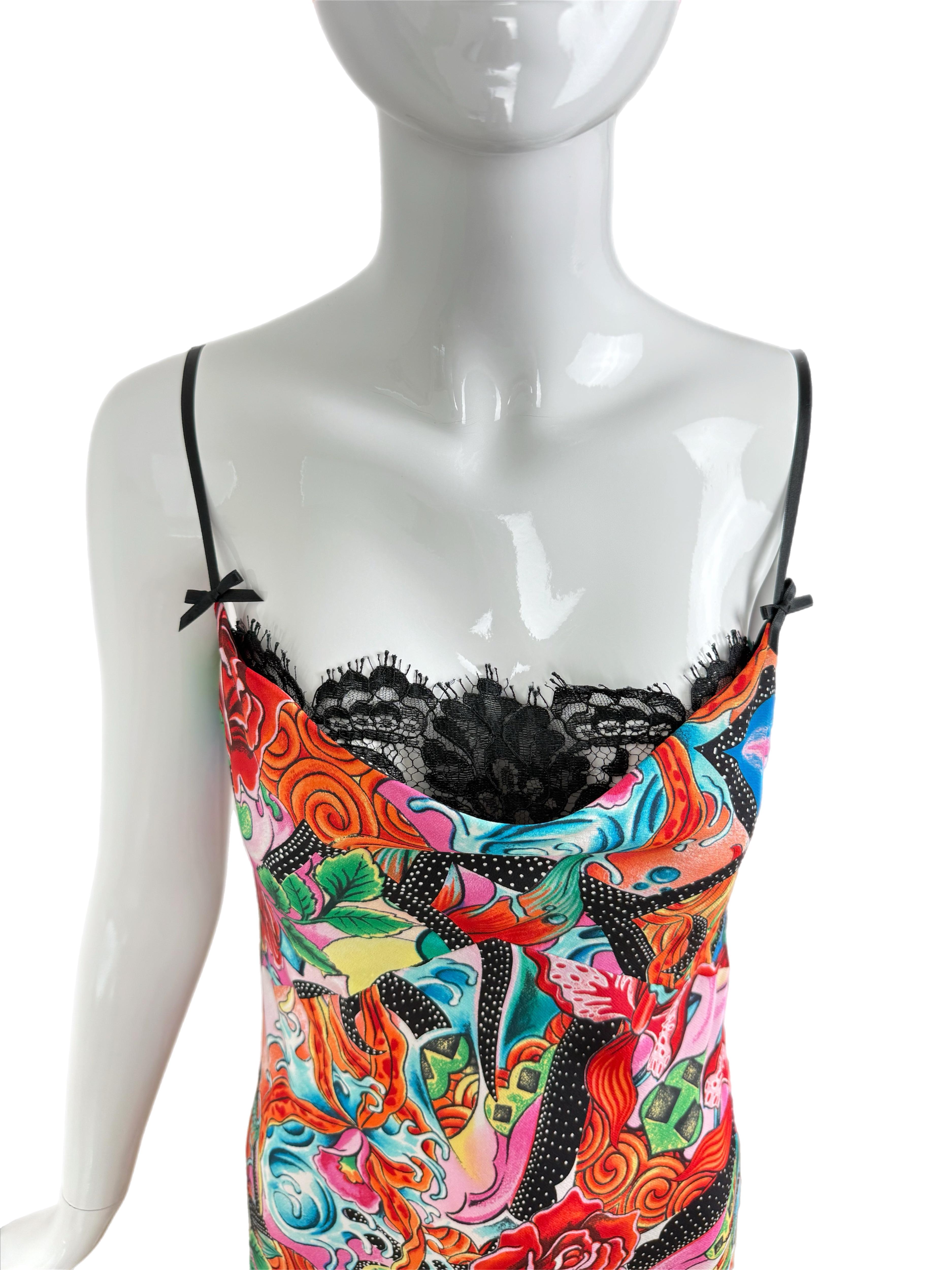 ESCADA Y2K Vintage Seide Buntes Slip-Kleid mit Spitzenschleife Peek-A-Boo aus Seide im Angebot 3