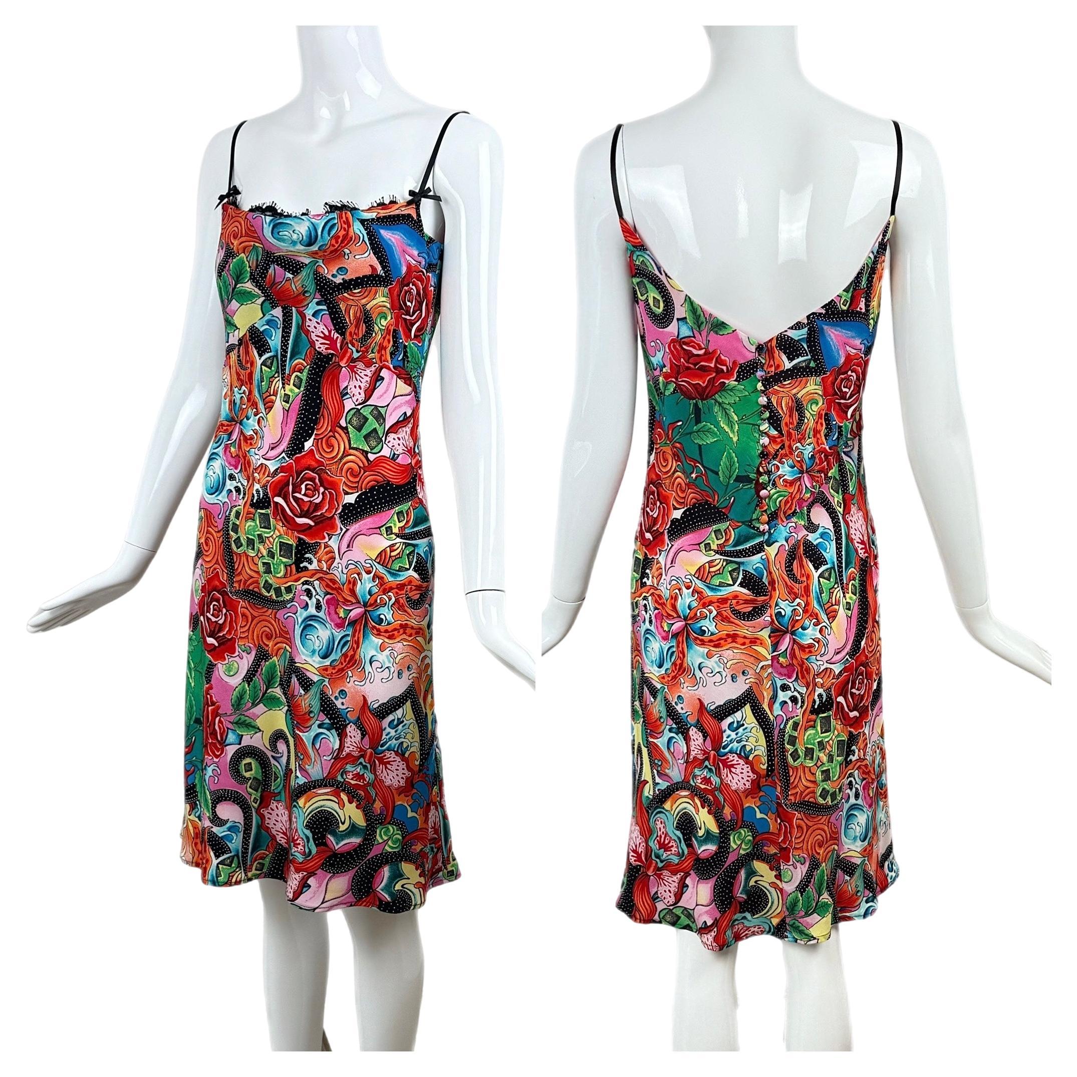 Escada Y2K Vintage Silk Colorful Slip Dress Lace Bow Peek-A-Boo