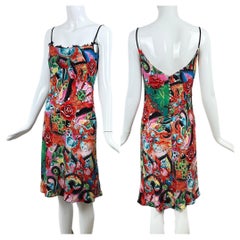 ESCADA Y2K Vintage Seda Colorido Slip Vestido Lazo Encaje Peek-A-Boo