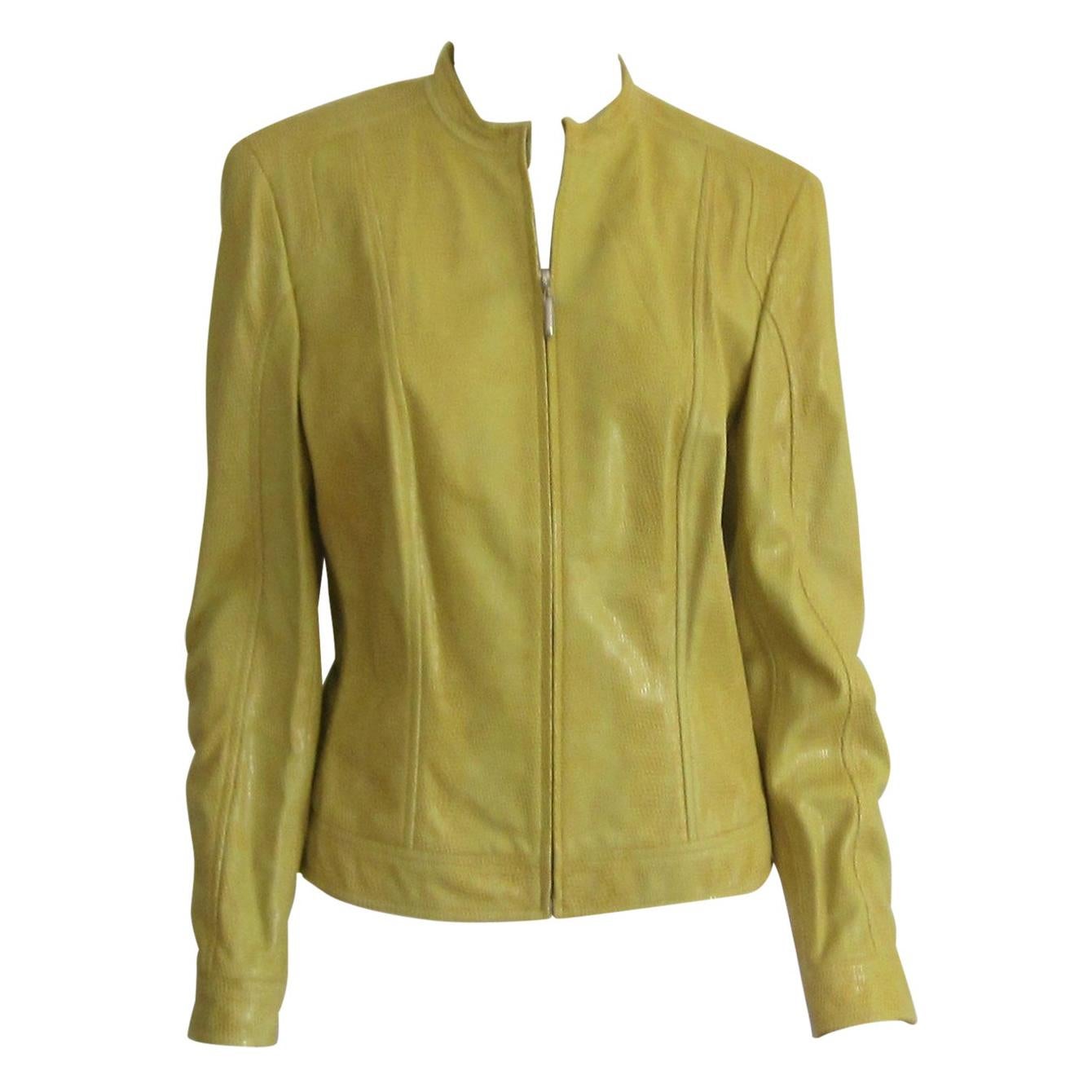  Escada Yellow Leather Fitted Jacket Reptile Embossed New With Tags 1990s 