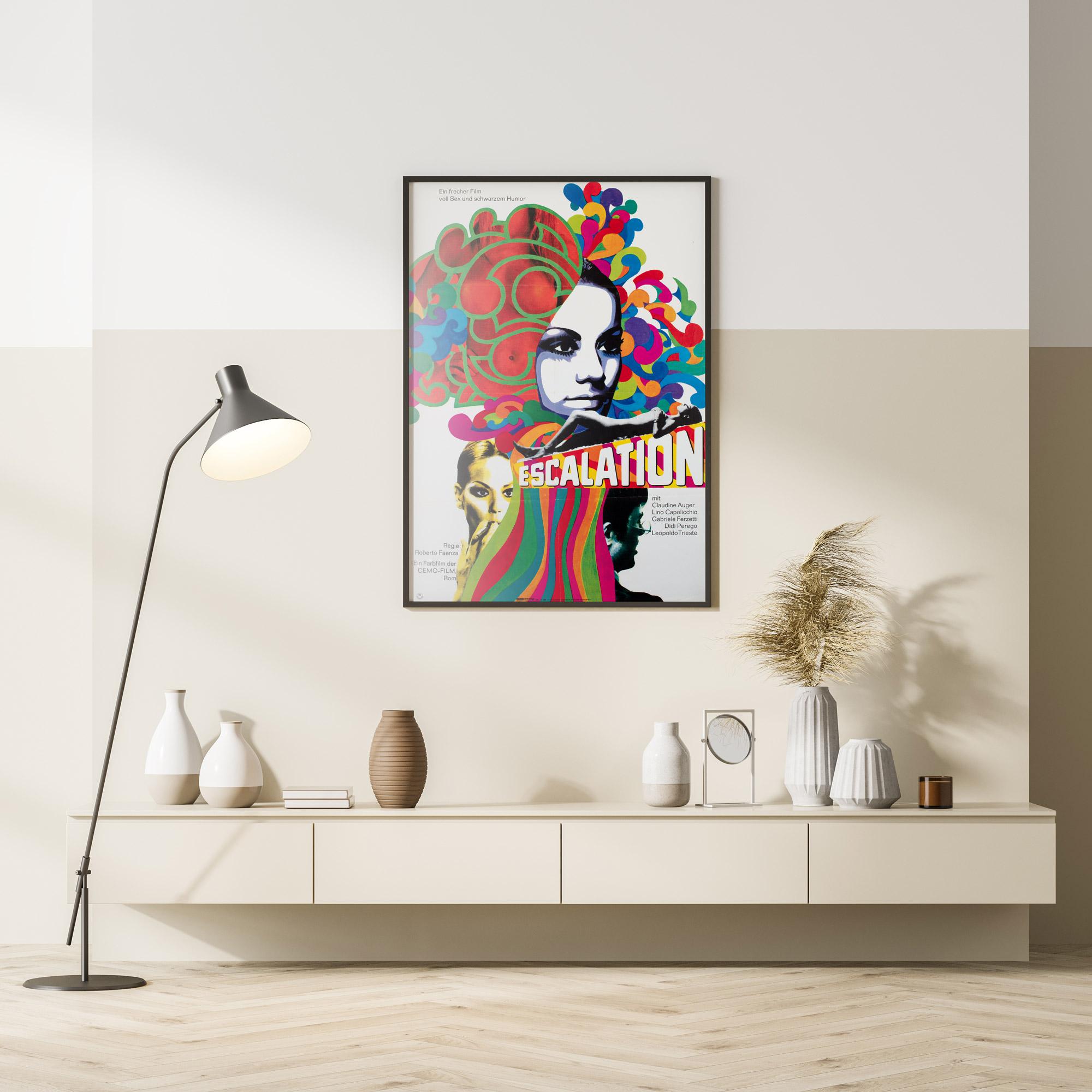Un design merveilleusement psychédélique et sexy sur l'affiche allemande du film Escalation, une série de folles années 60 de Roberto Faenza, dont la musique est signée Ennio Morricone.

Cette affiche de cinéma vintage originale mesure 23 1/4 x 33