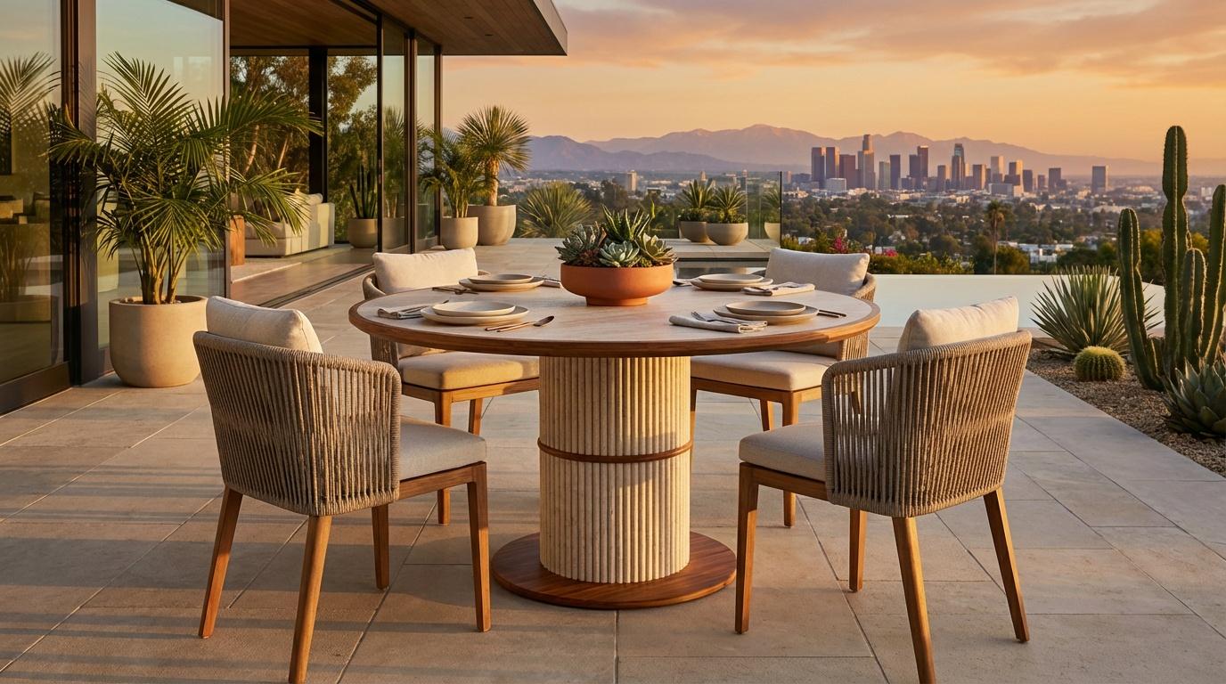 La table à manger ronde Escalet, créée en partenariat avec Mediterrazza, incarne l'élégance méditerranéenne à travers des matériaux nobles et naturels. Fabriqué à la main en bois d'iroko, il présente une base sculpturale en travertin nervuré