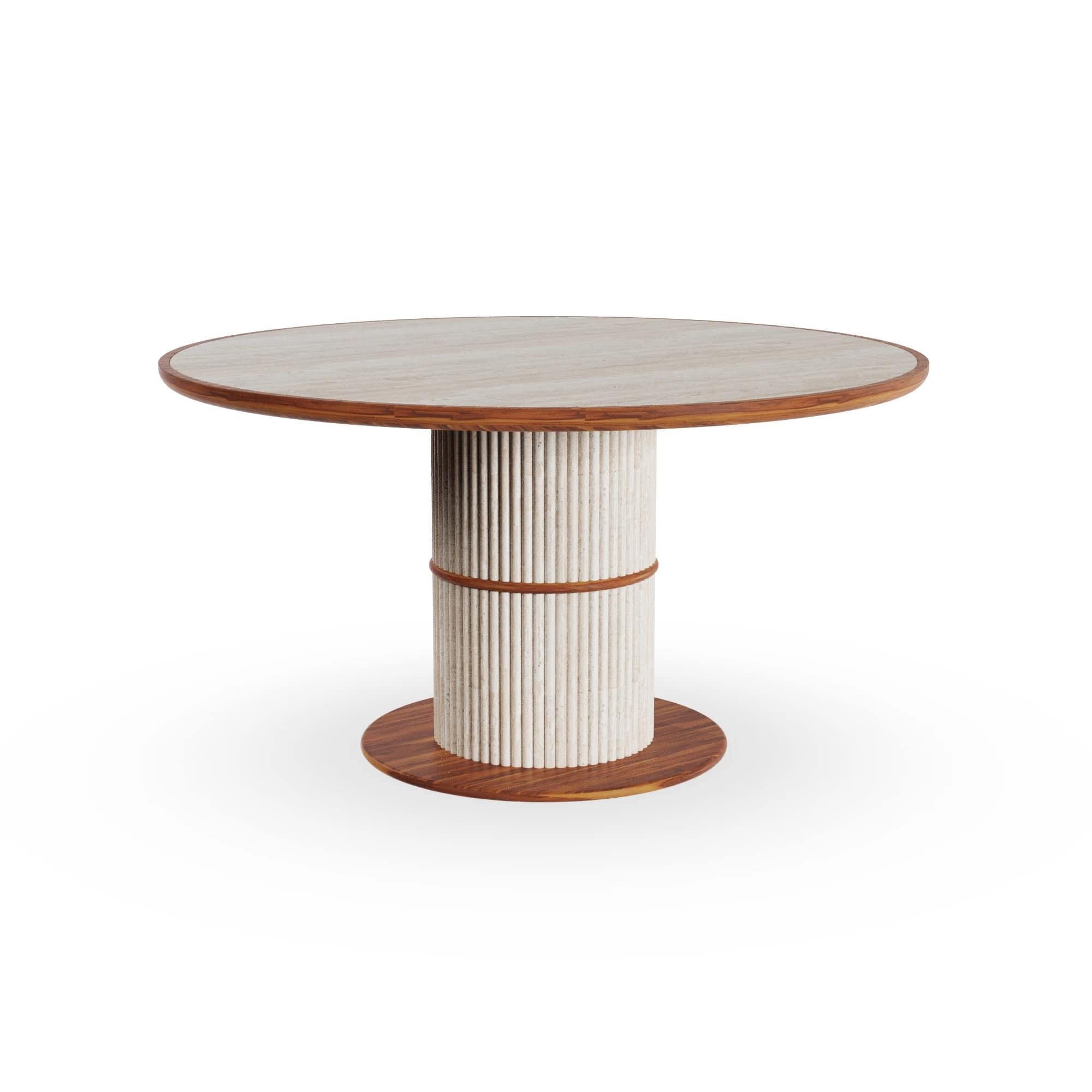 Fatto a mano Escalet Outdoor Round Dining Table with Travertine Ribbed Base in vendita