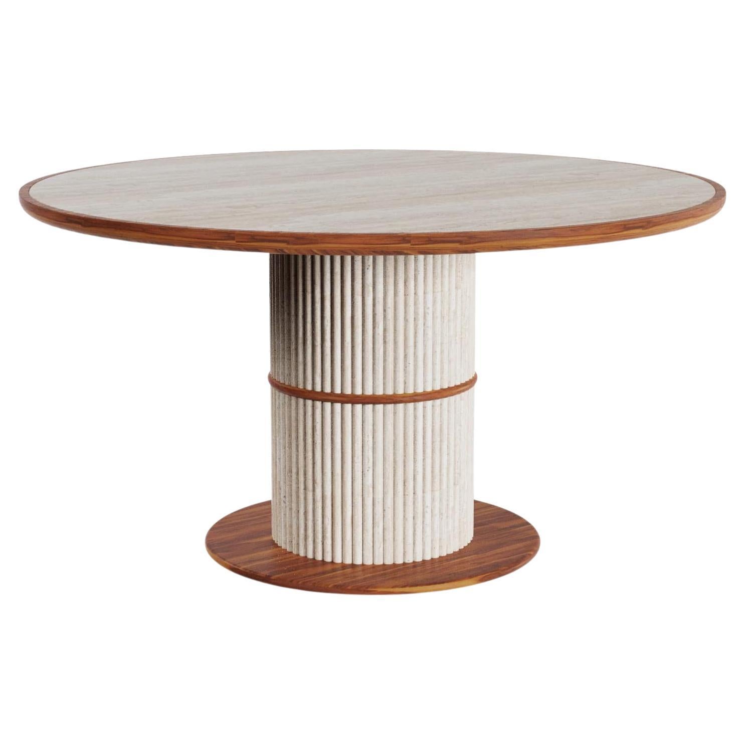 Escalet Outdoor Round Dining Table with Travertine Ribbed Base