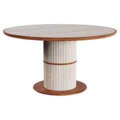 Escalet Outdoor Round Dining Table with Travertine Ribbed Base