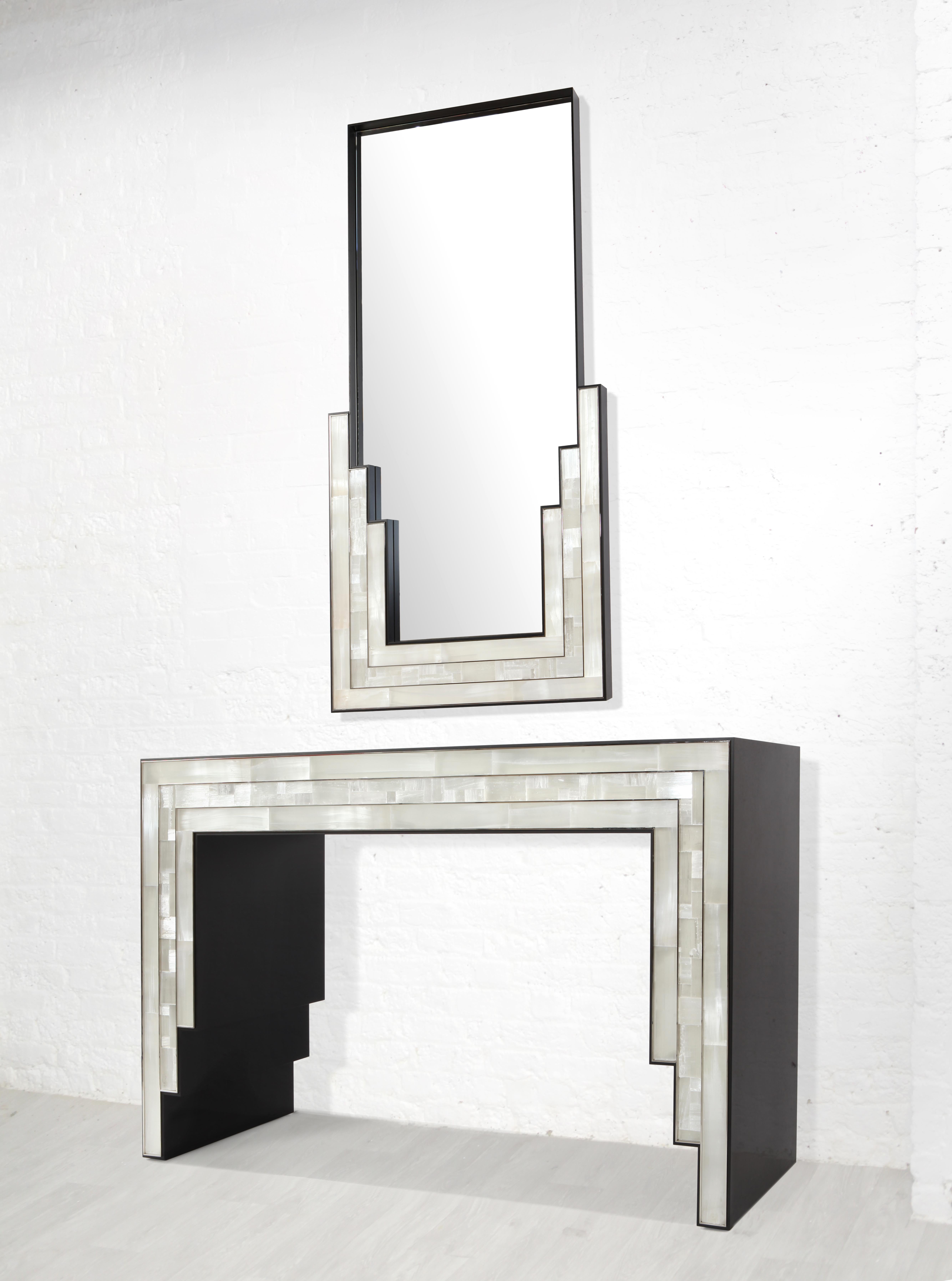 Art Deco Escalier Mirror with selenite, Wooden Veneer and Nickel Detailing For Sale