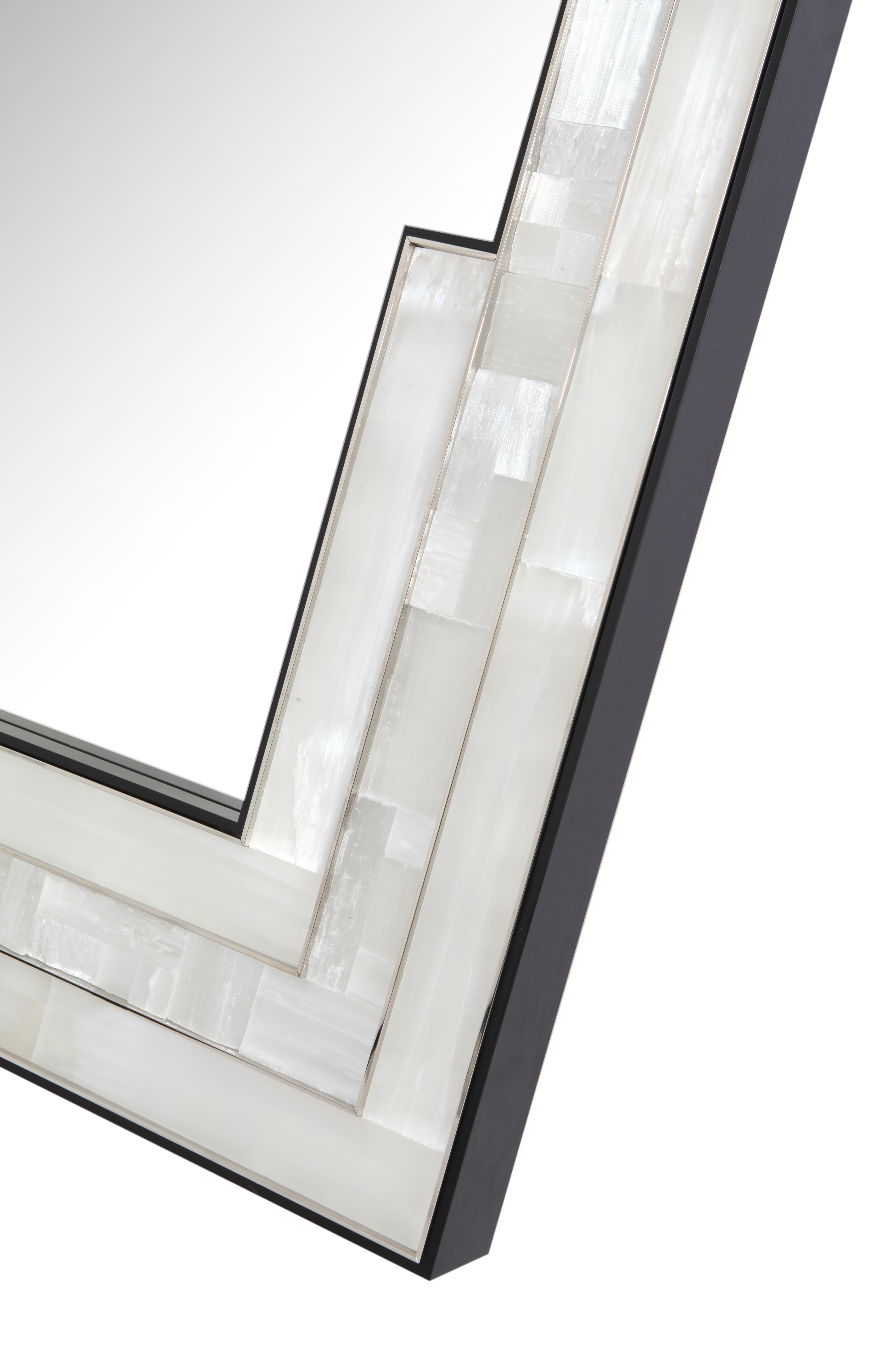 Escalier Mirror with selenite, Wooden Veneer and Nickel Detailing For Sale 3
