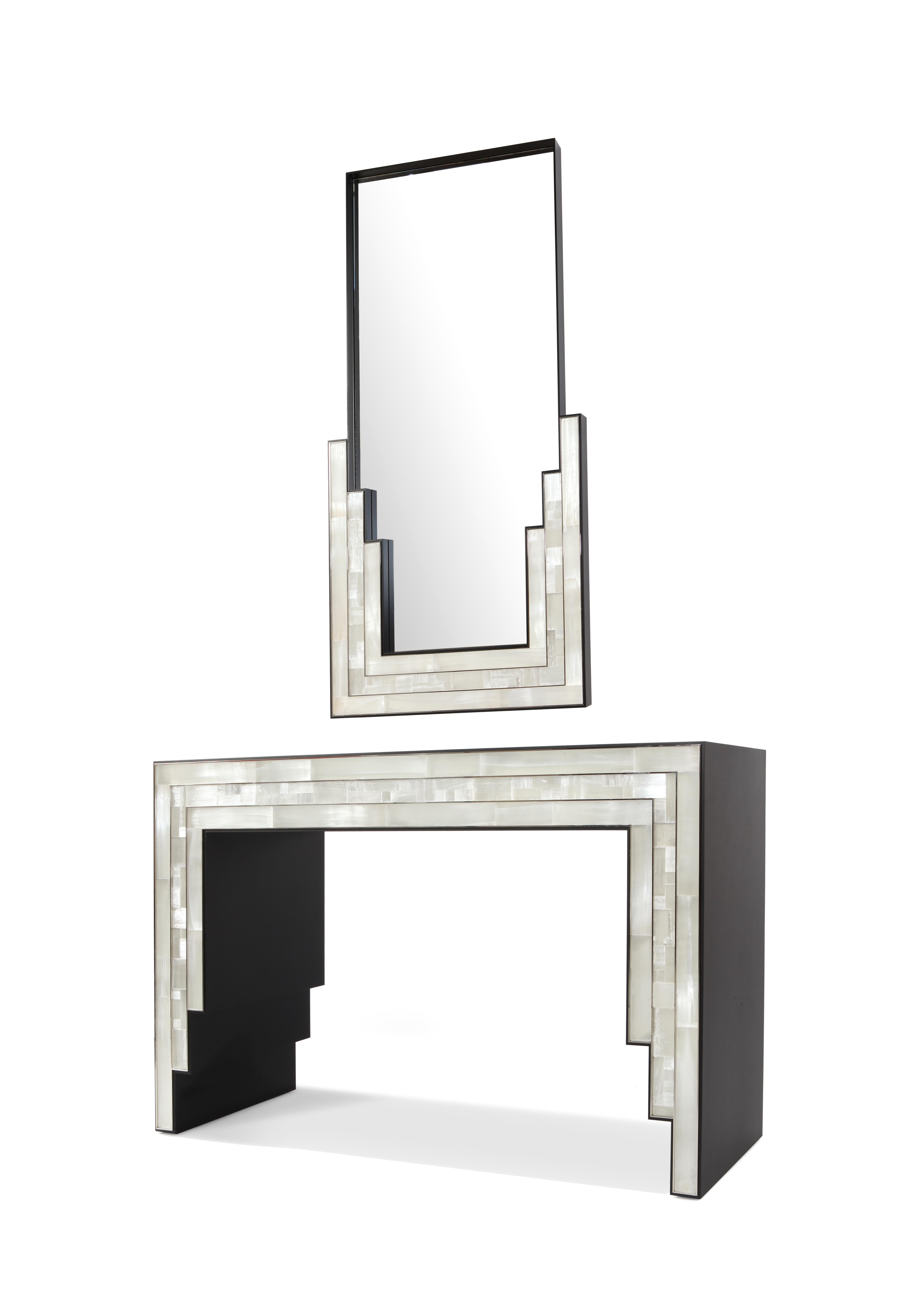 Escalier Mirror with selenite, Wooden Veneer and Nickel Detailing For Sale 4