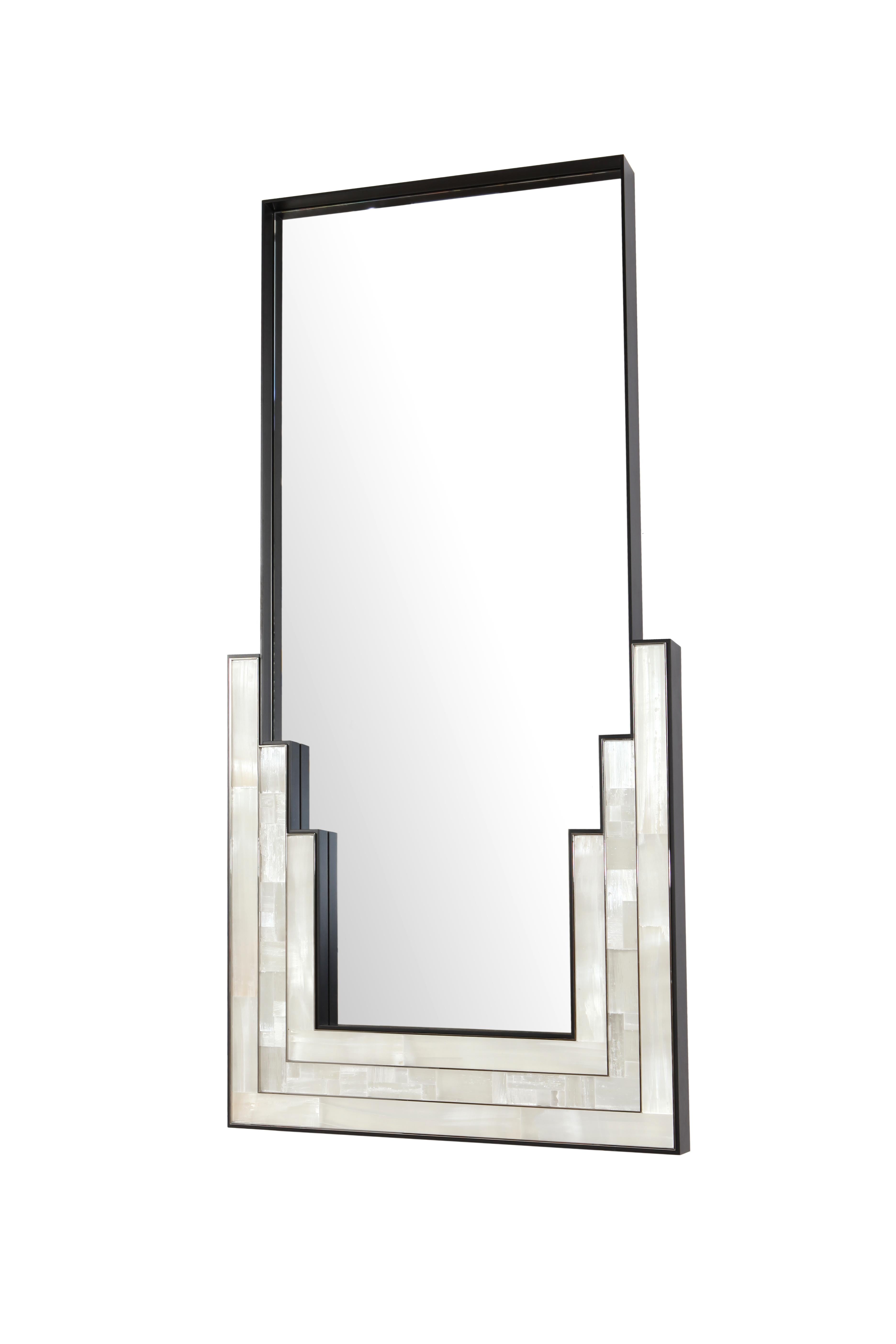Escalier Mirror with selenite, Wooden Veneer and Nickel Detailing In Good Condition For Sale In London, GB