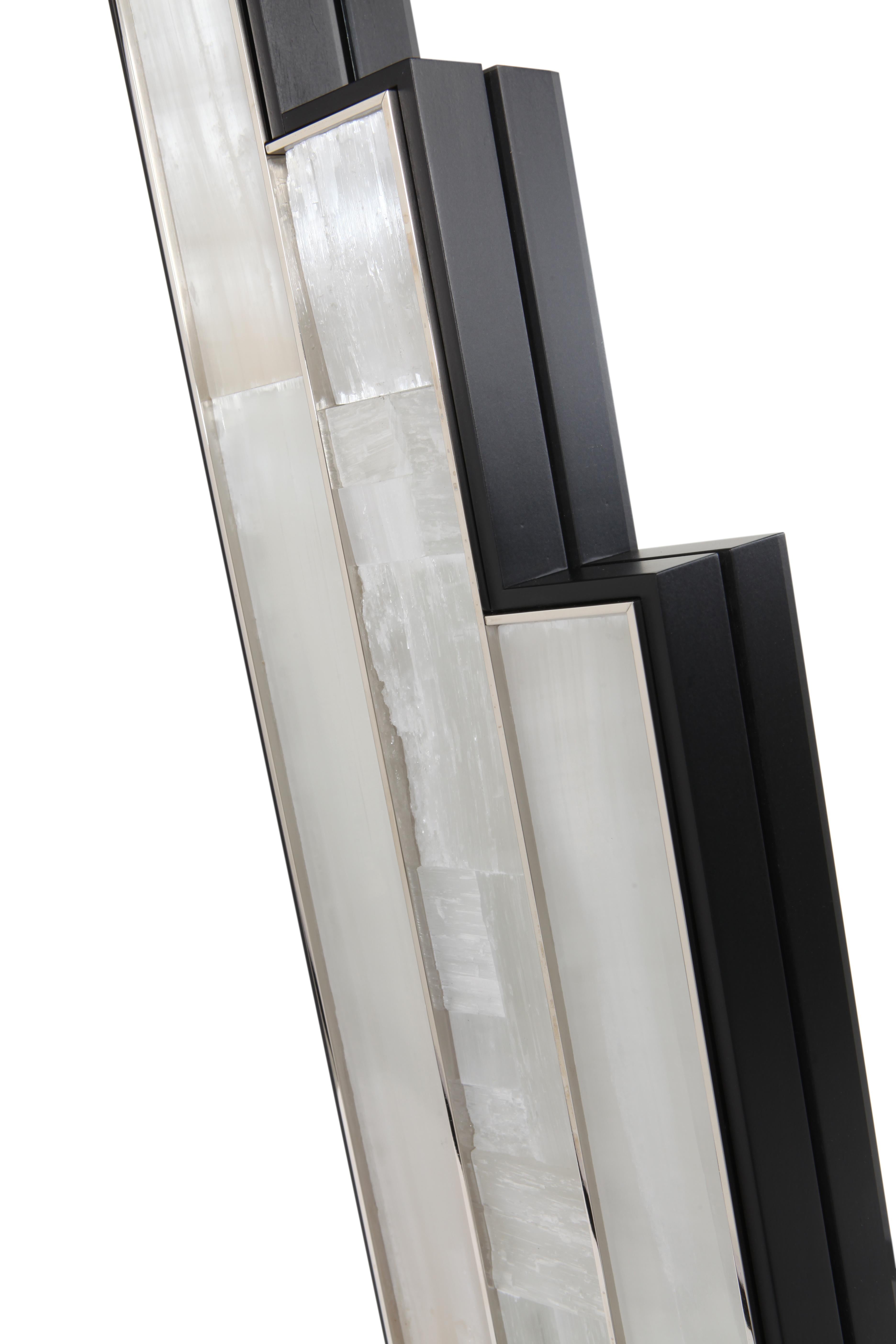 Ebony Escalier Mirror with selenite, Wooden Veneer and Nickel Detailing For Sale