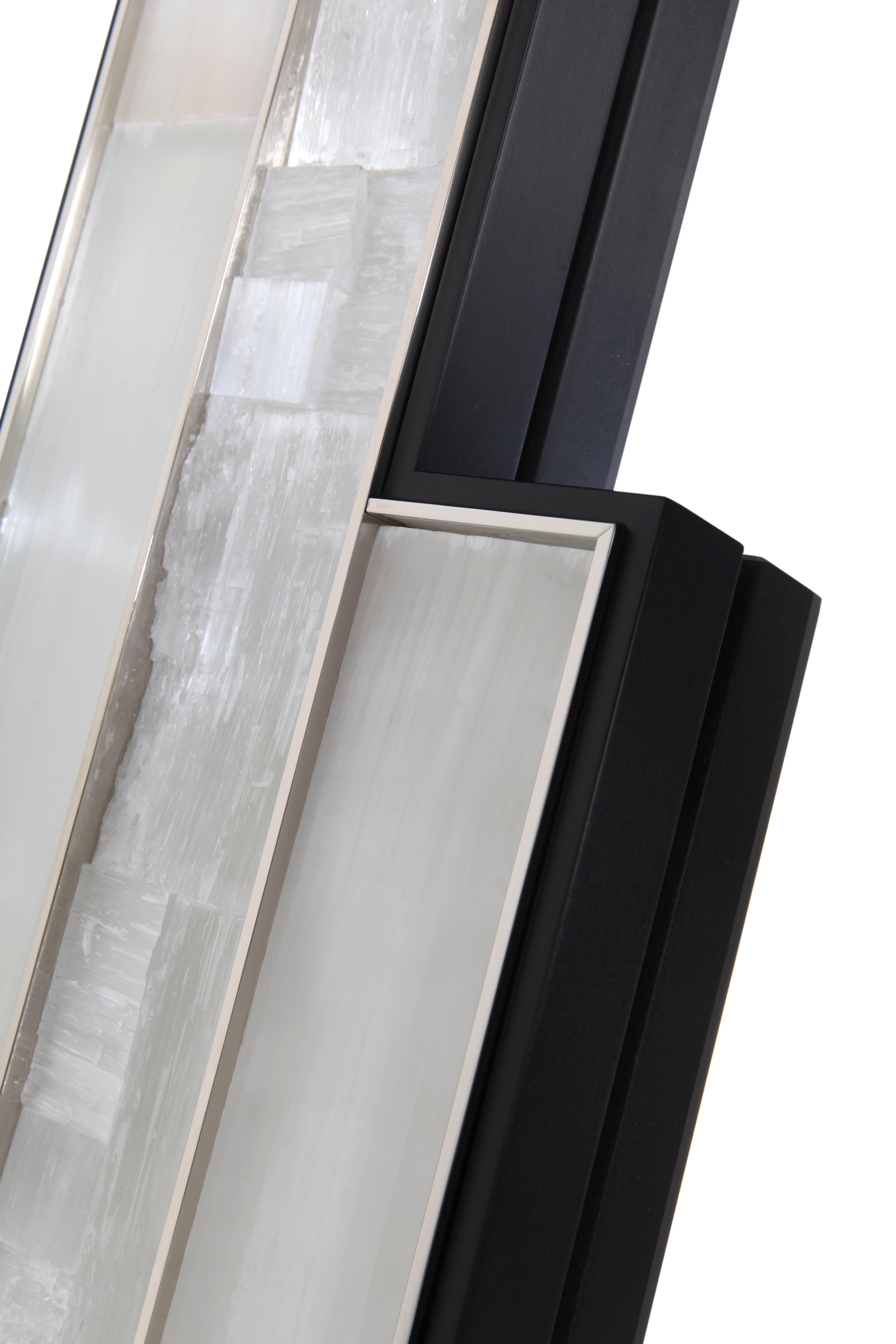 Escalier Mirror with selenite, Wooden Veneer and Nickel Detailing For Sale 1