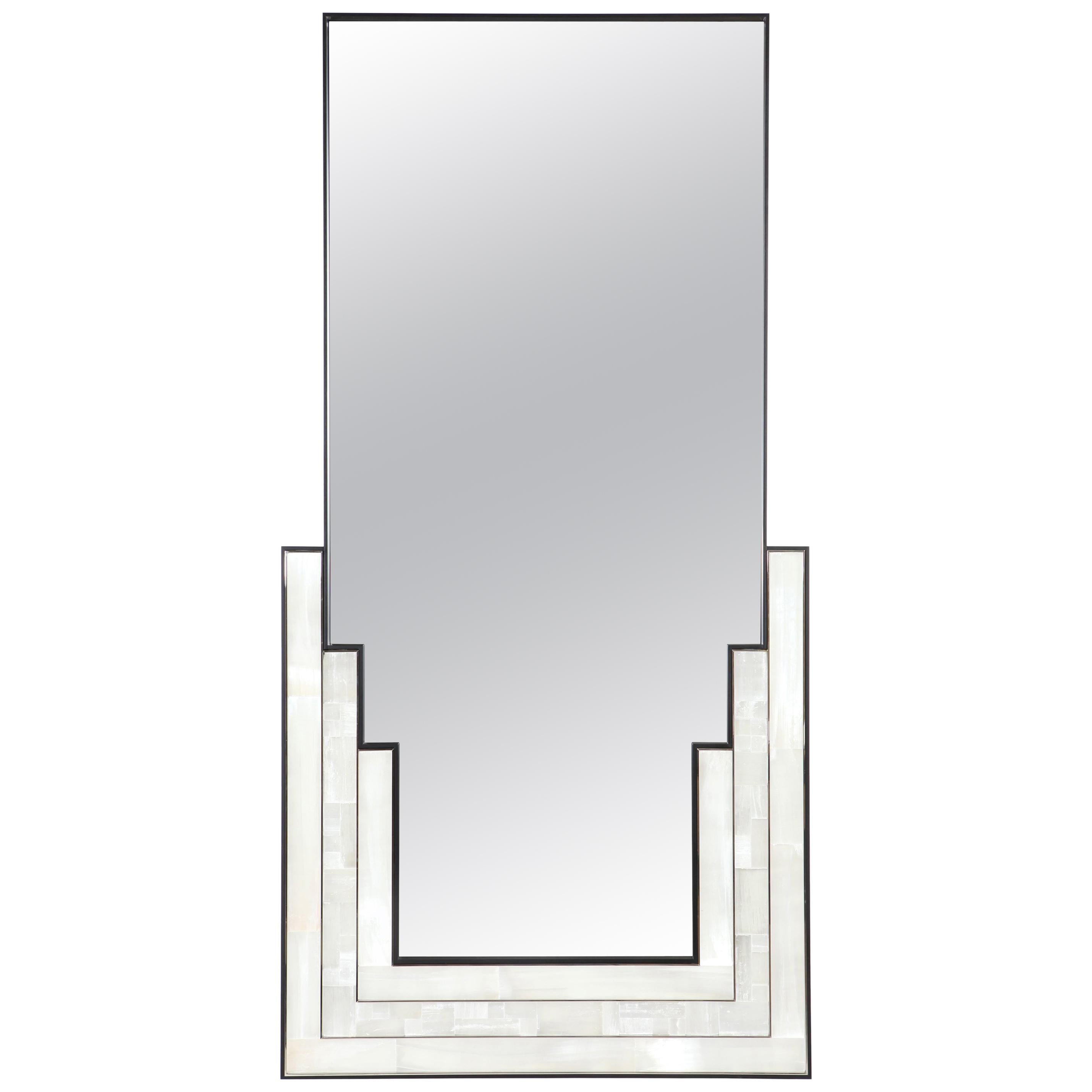 Escalier Mirror with selenite, Wooden Veneer and Nickel Detailing For Sale