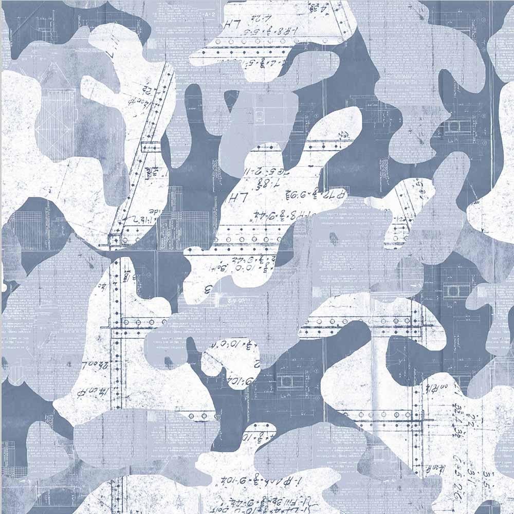 American Escape, Blue Print Color-way, on Pearl Smooth Vinyl Wallpaper For Sale