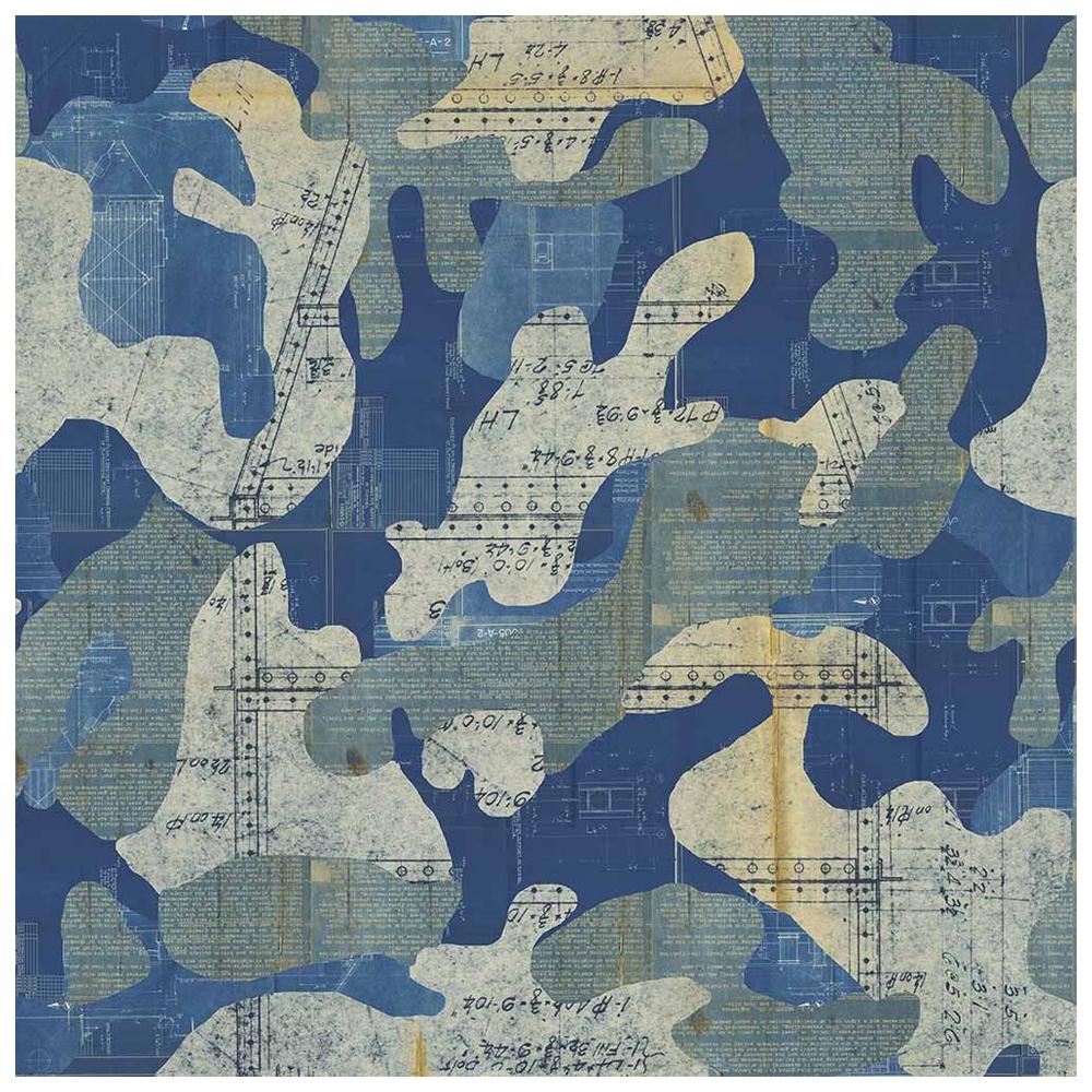 Escape, Blue Print Color-way, on Pearl Smooth Vinyl Wallpaper For Sale