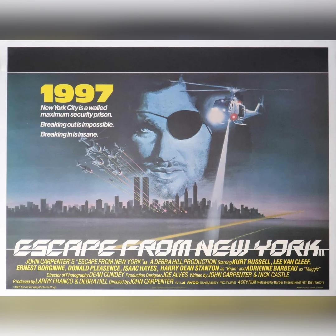 Fuga de Nueva York (1981)
Quad británico original (30 X 40 pulgadas)

Este póster cuádruple original del Reino Unido es de la primera versión británica de 1981 del clásico de acción distópica de John Carpenter, Escape From New York. Protagonizada