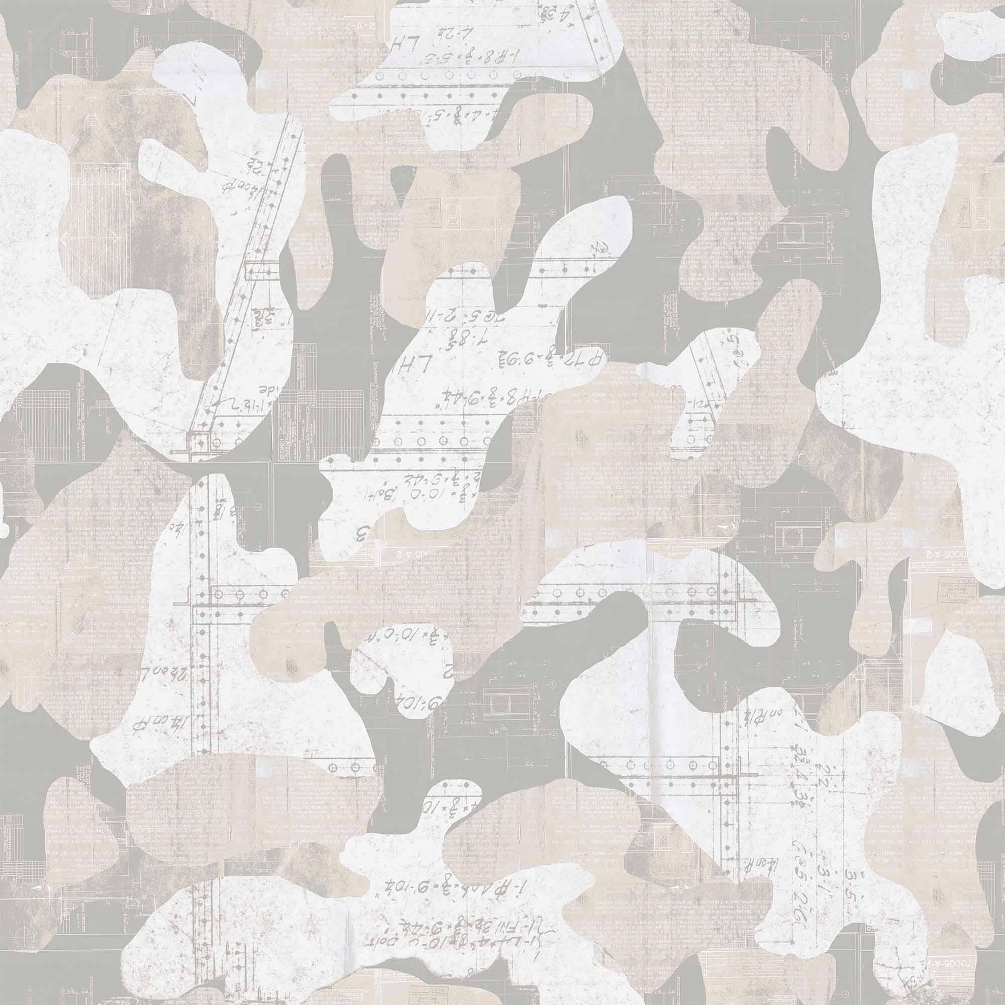 Escape was created using found vintage blue prints from the early to mid-1900s and placed into a fluid, hand drawn camouflage pattern. Intrigued by the idea that blue prints and camo have a utilitarian purpose, we combined them creating an opposite