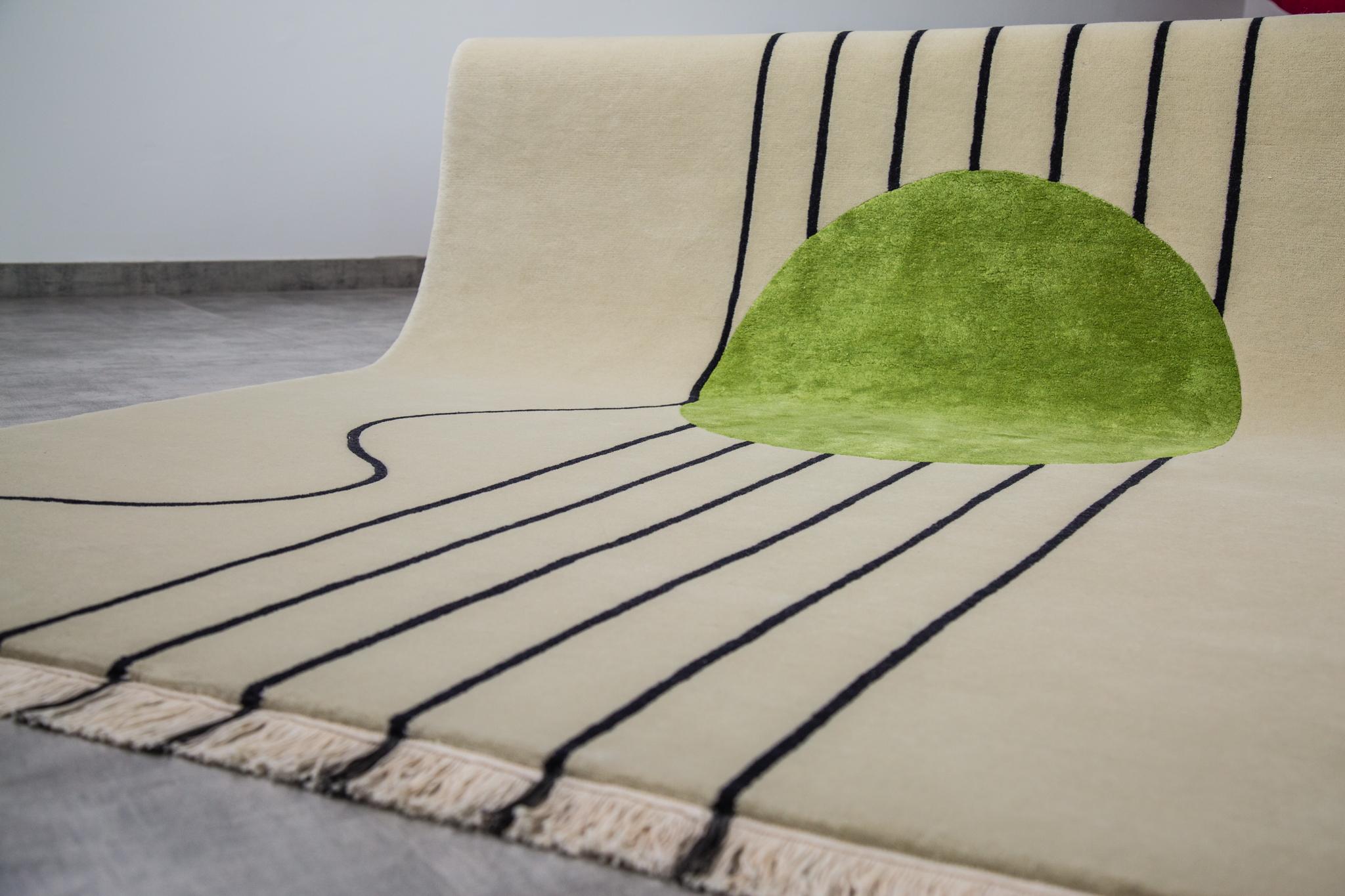 Modern Cream Wool Rug Lines & Green Circle in Silk by Cecilia Setterdahl for Carpets CC For Sale