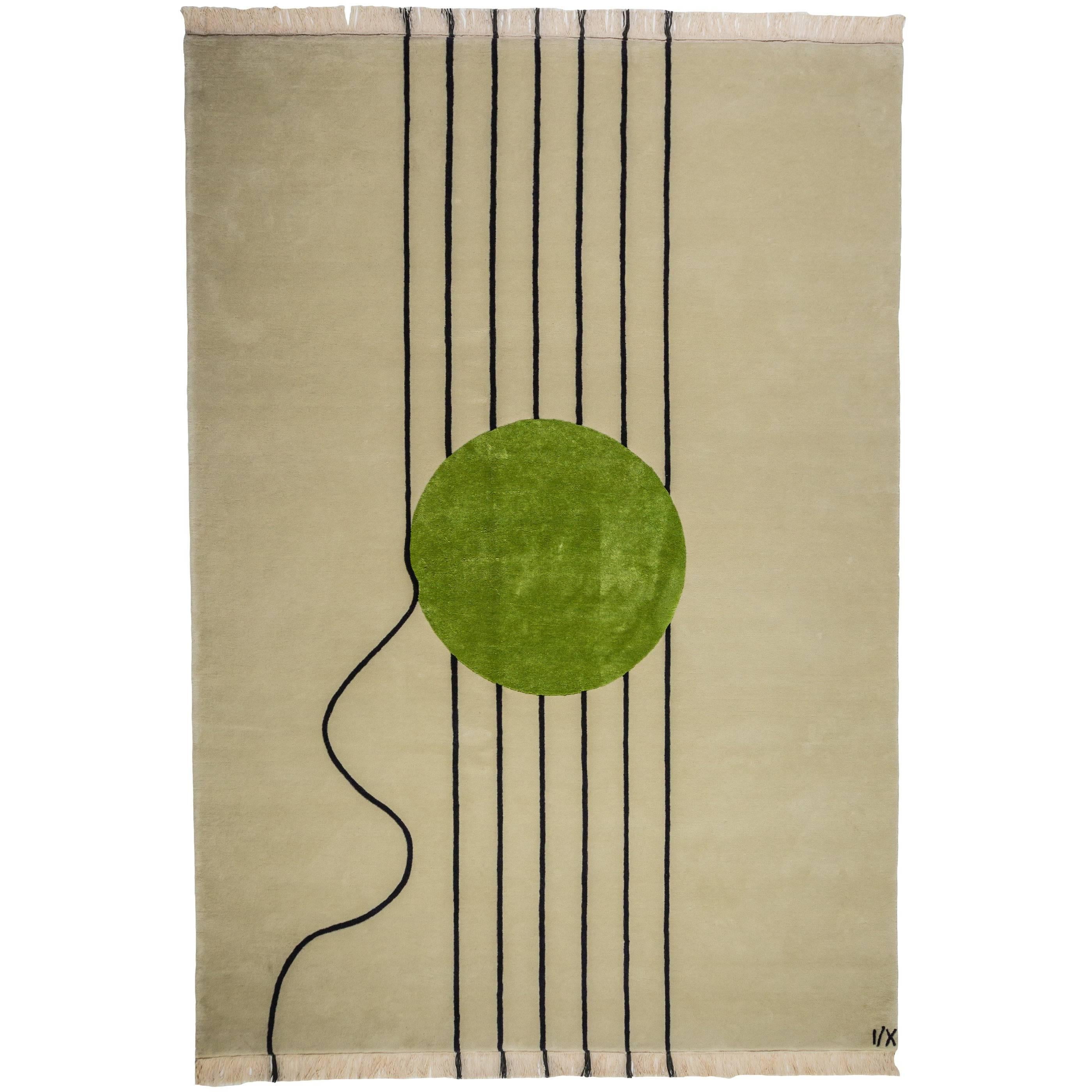 Cream Wool Rug Lines & Green Circle in Silk by Cecilia Setterdahl for Carpets CC