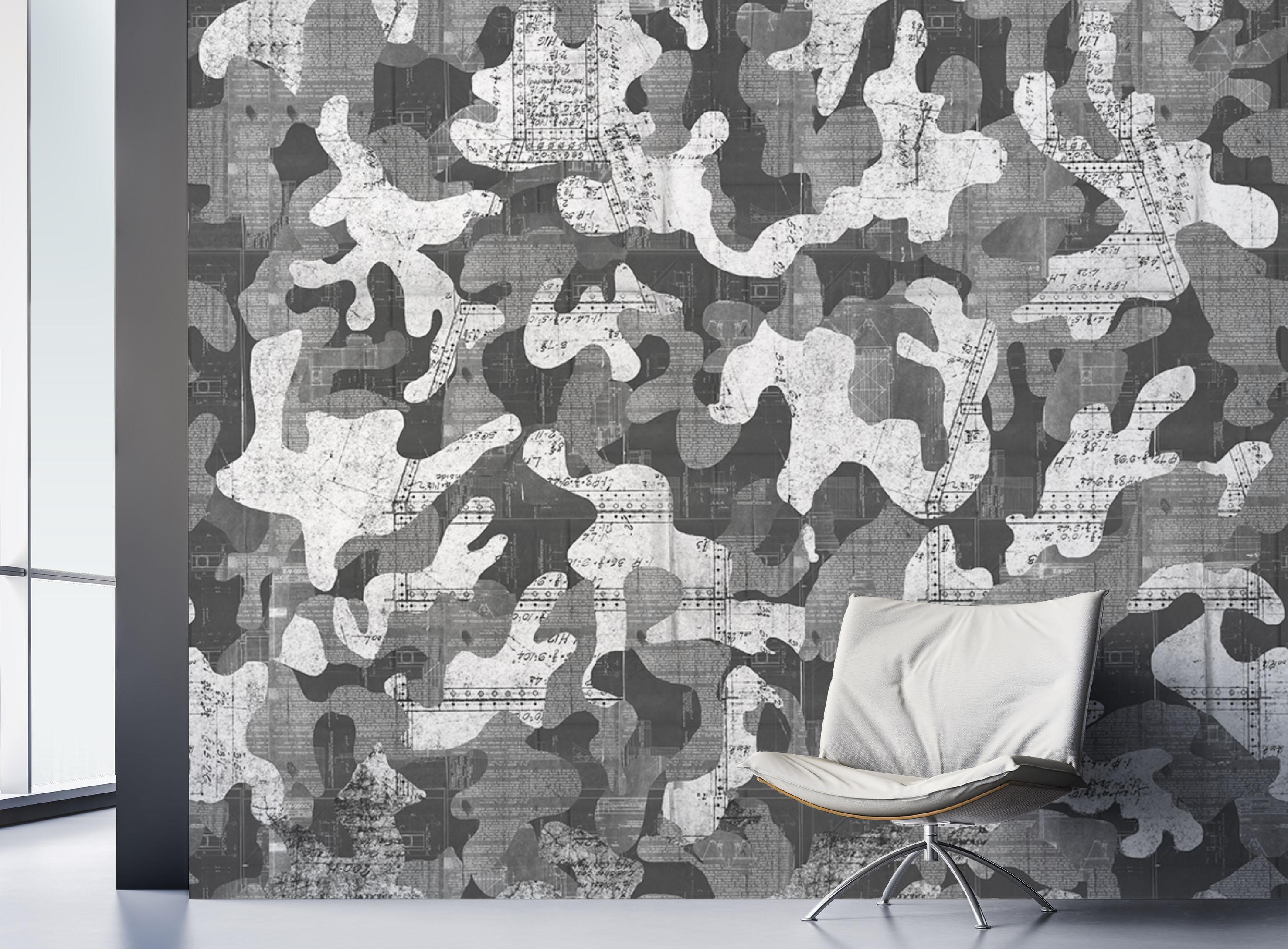 Escape was created using found vintage blue prints from the early to mid 1900’s and placed into a fluid, hand drawn camouflage pattern. Intrigued by the idea that blue prints and camo have a utilitarian purpose, we combined them creating an opposite