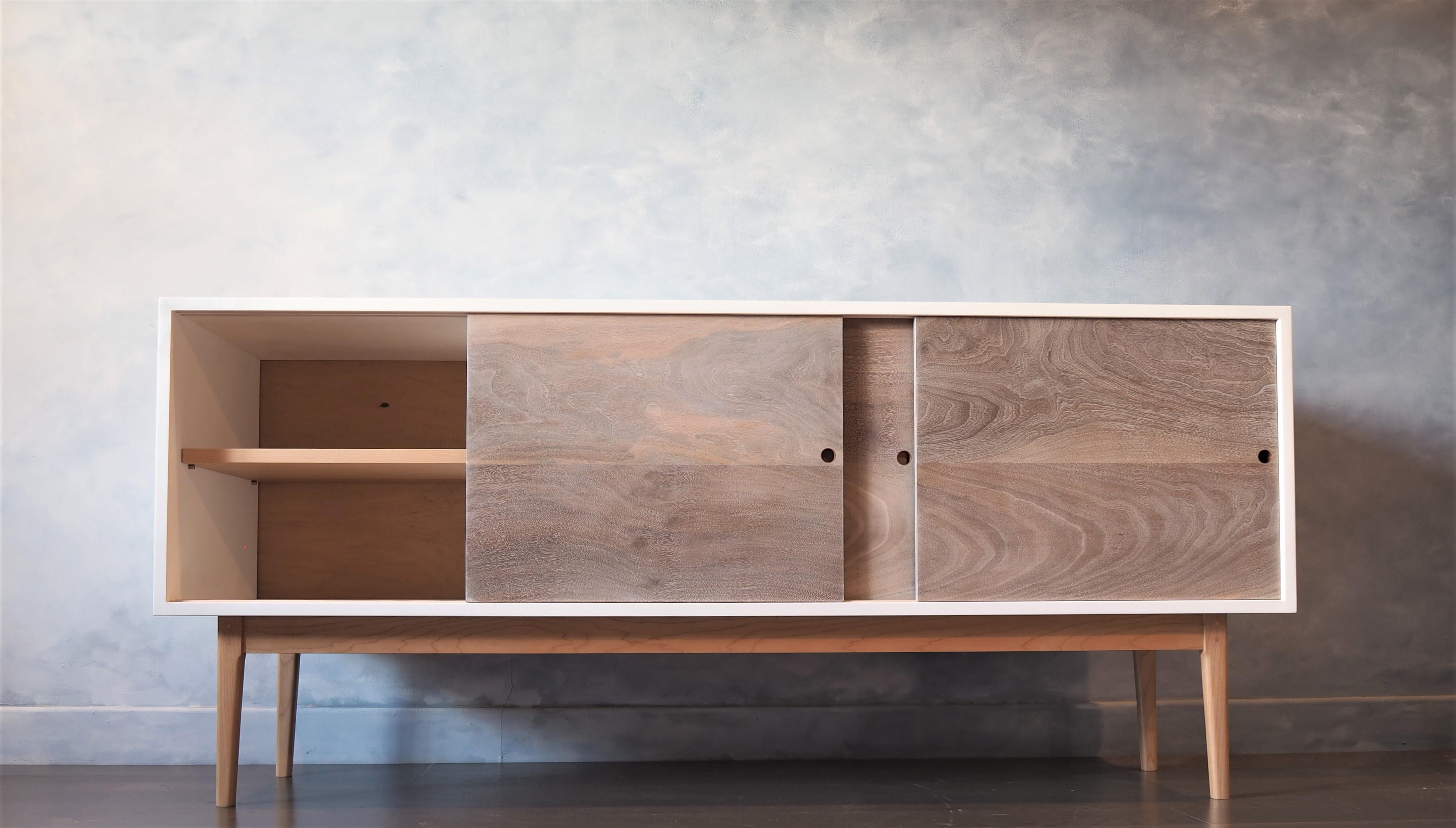 Canadian White Sideboard with Sliding walnut Doors and a solid maple base by MSJ Studio