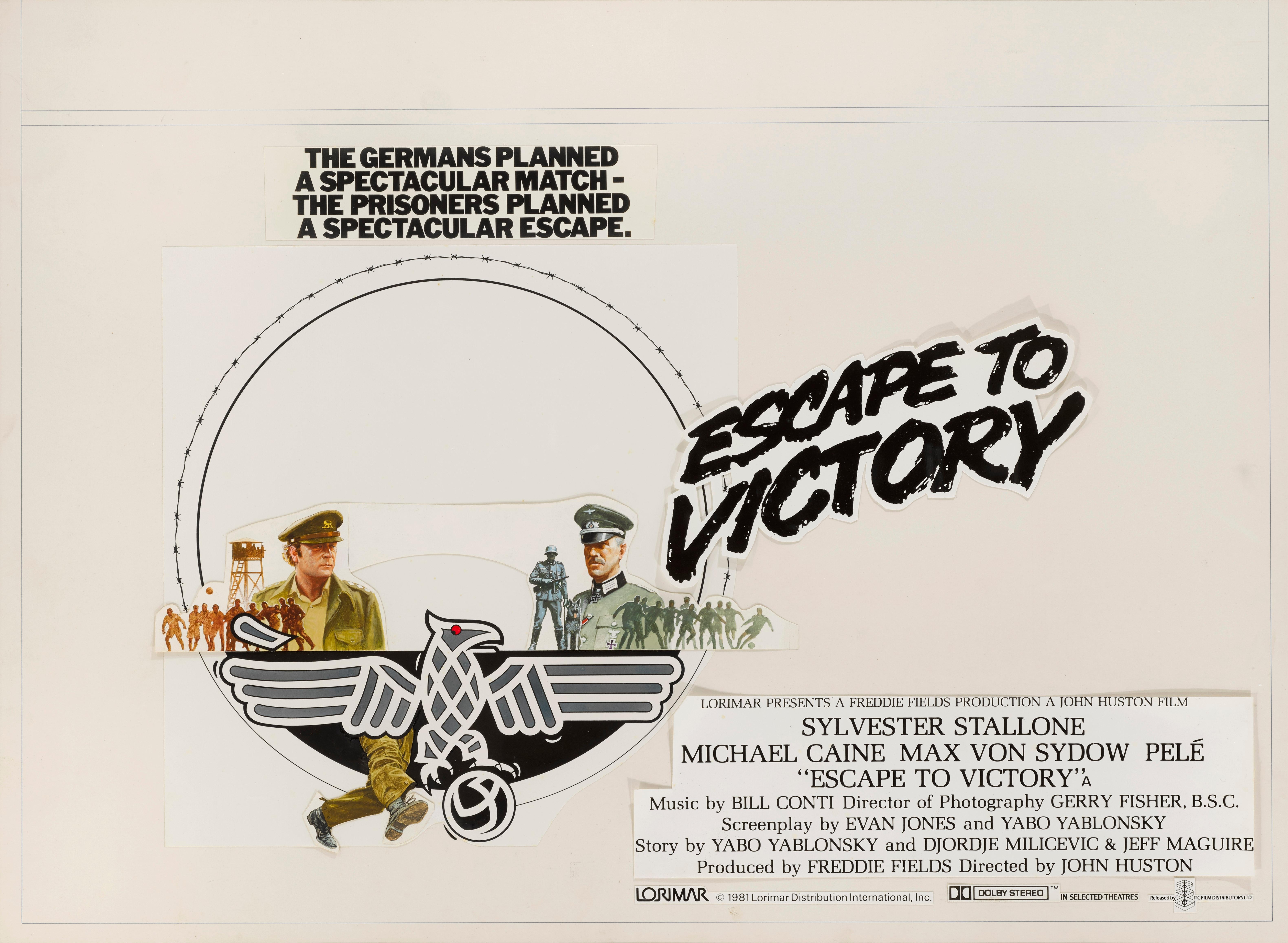 This is a unique original artwork mixed-media on art board used to create the British 30 x 40 inch film poster for the 1981 film Escape to Victory. This war film was directed by John Huston and stars Sylvester Stallone, Michael Caine, Pelé and Bobby