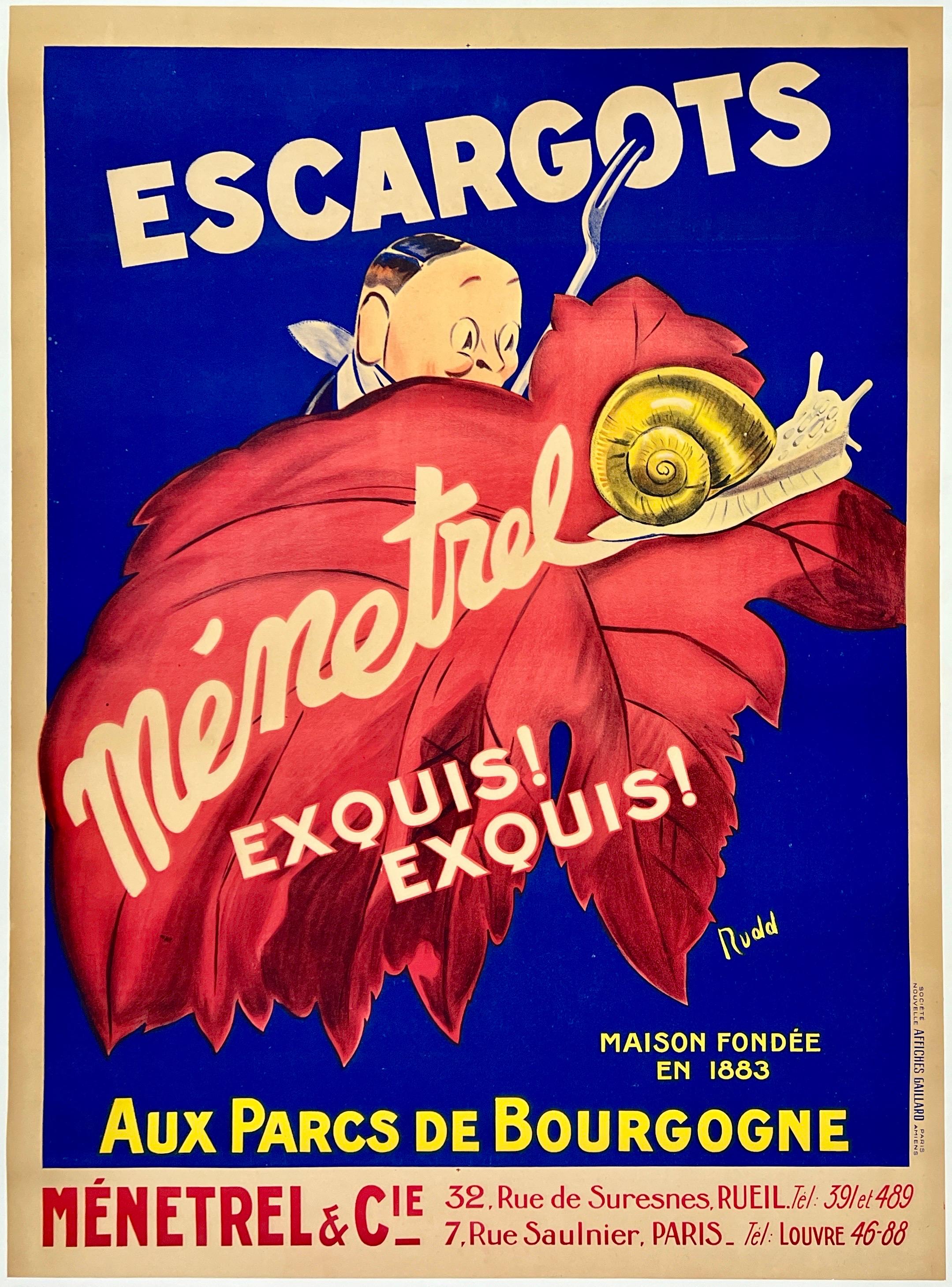 ESCARGOTS Authentic Original Vintage Antique French Advertising Poster 1930s