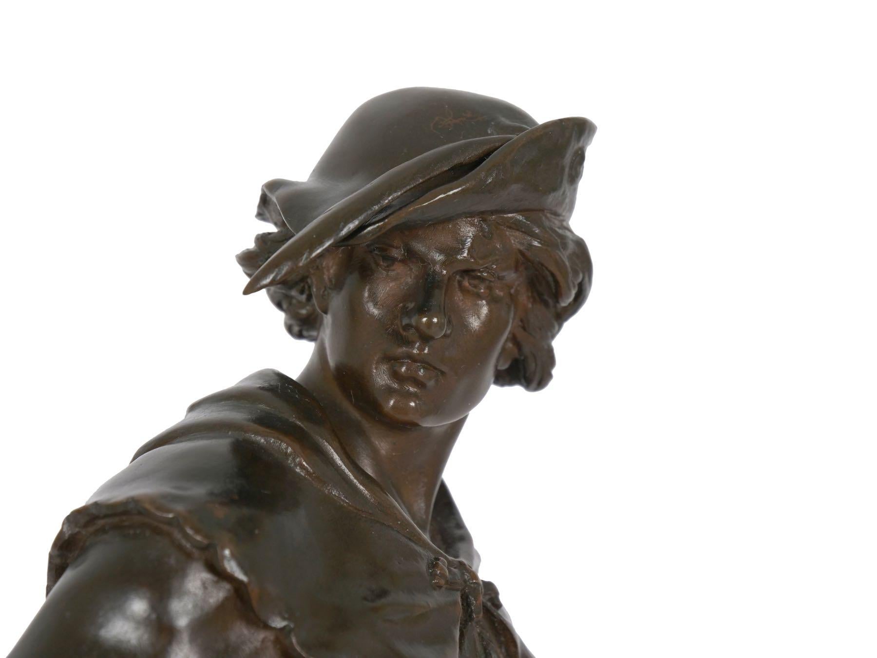 “Escholier, 14th Siècle” Antique French Bronze Sculpture by Emile Picault 14