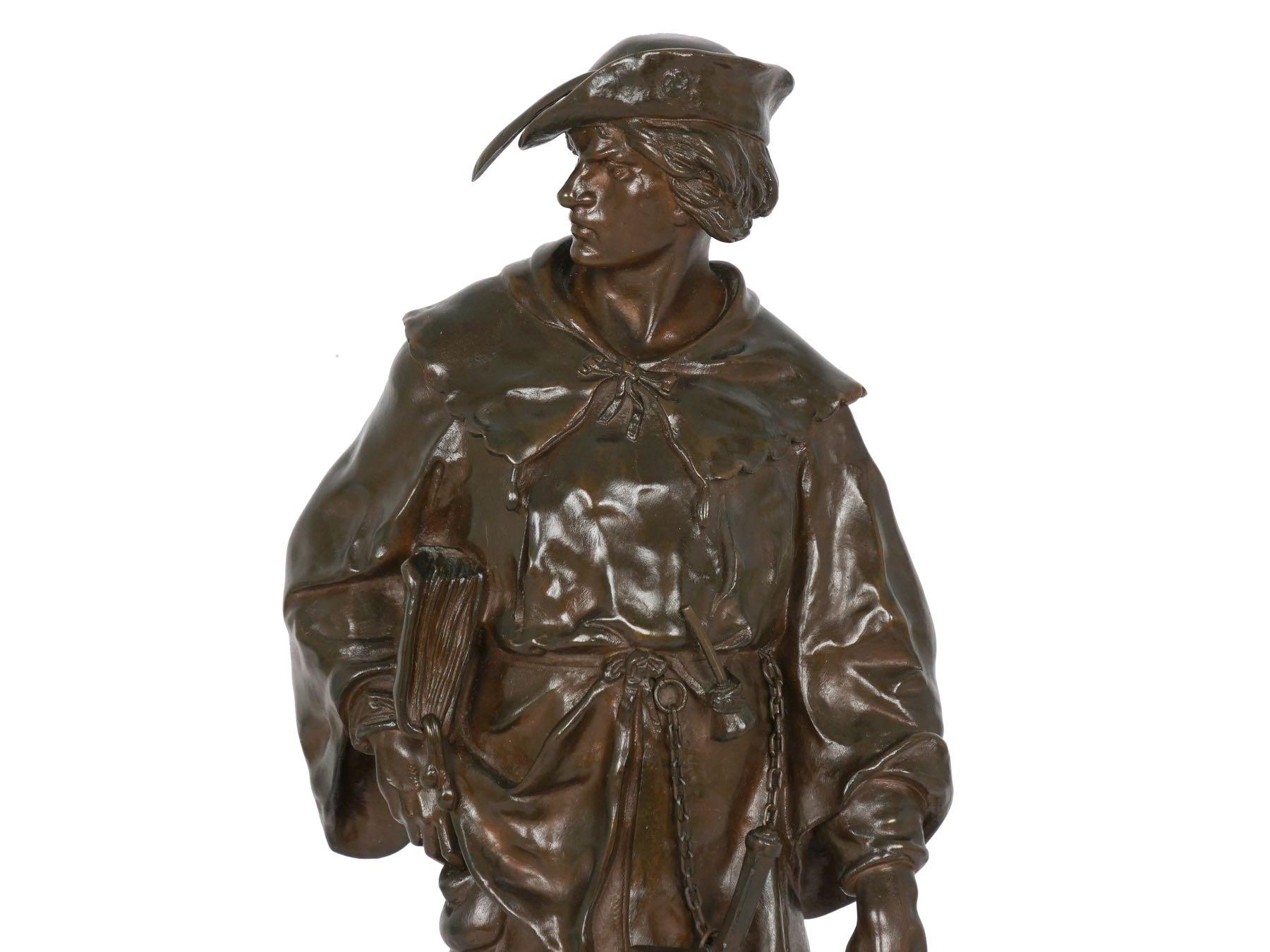 “Escholier, 14th Siècle” Antique French Bronze Sculpture by Emile Picault 1