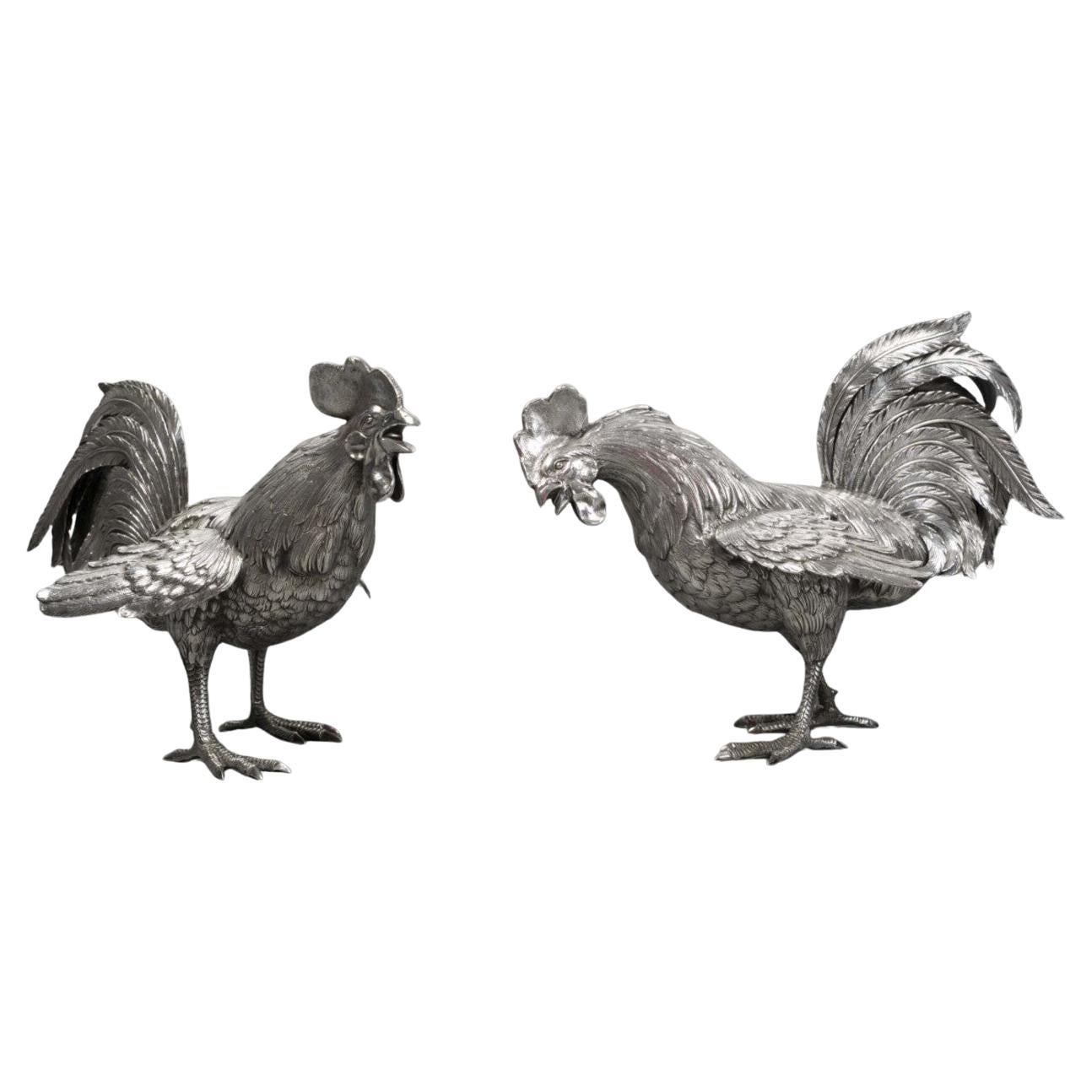 Eschwege Silversmith Pair of Solid Silver Fighting Roosters, Circa For Sale