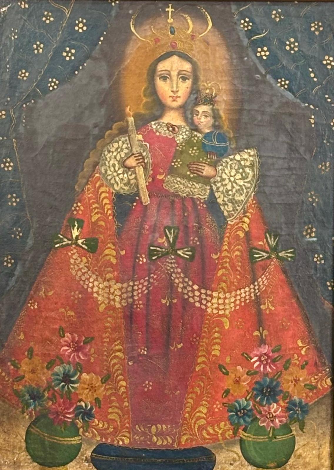 Figurative Painting di Escuela colonial (siglo xix) - Virgen con niño - óleo sobre tela.