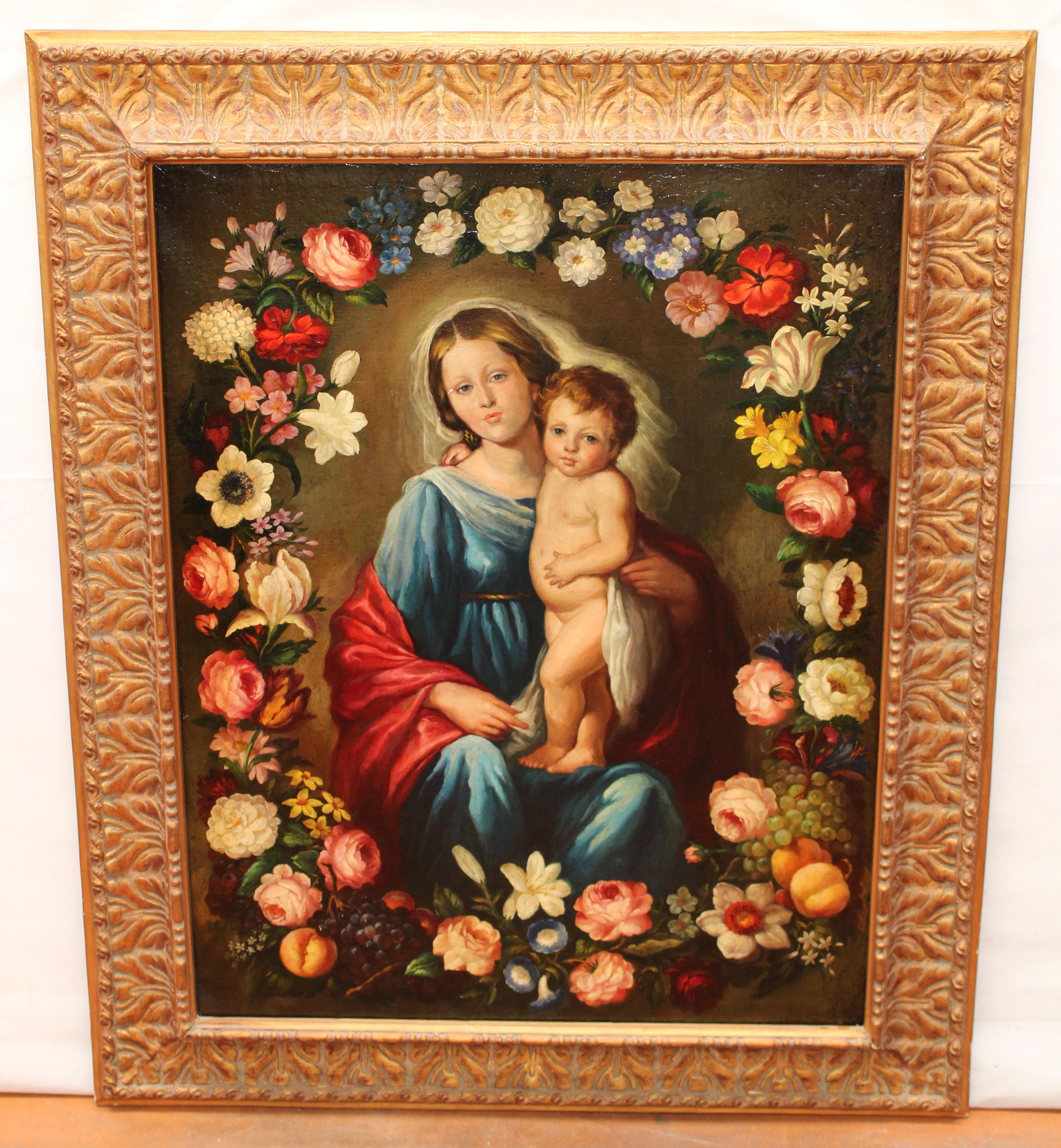 Virgen y niño con guirnalda - Óleo sobre tela - Painting de Escuela Española (XIX)