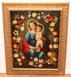 Virgen y niño con guirnalda - Óleo sobre tela