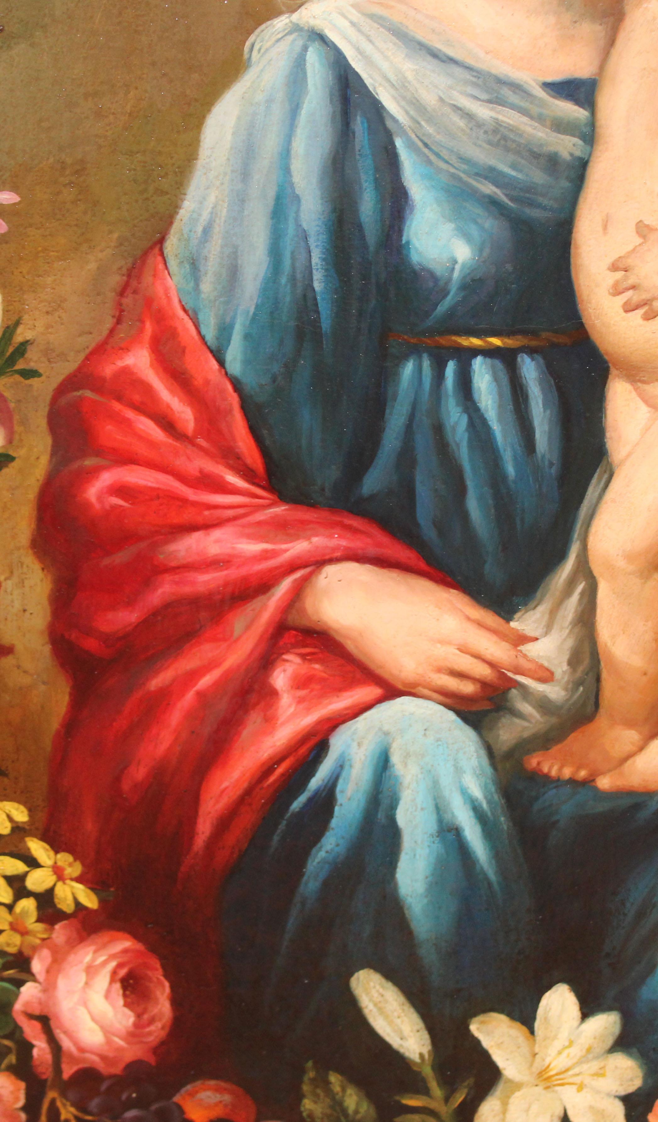 Virgen y niño con guirnalda - Óleo sobre tela - Figurative Painting Marrón de Escuela Española (XIX)