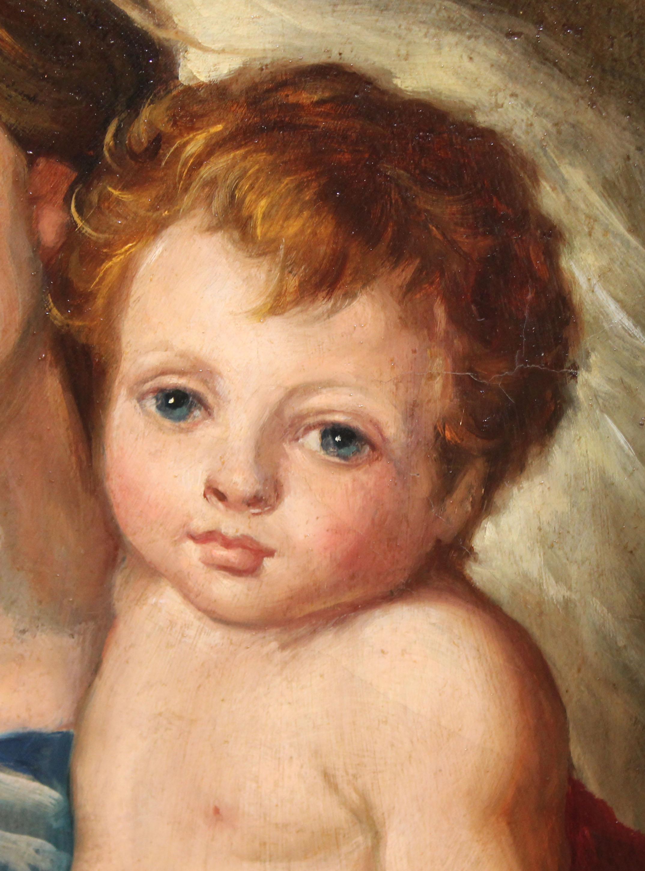 Virgen y niño con guirnalda - Óleo sobre tela en venta 1