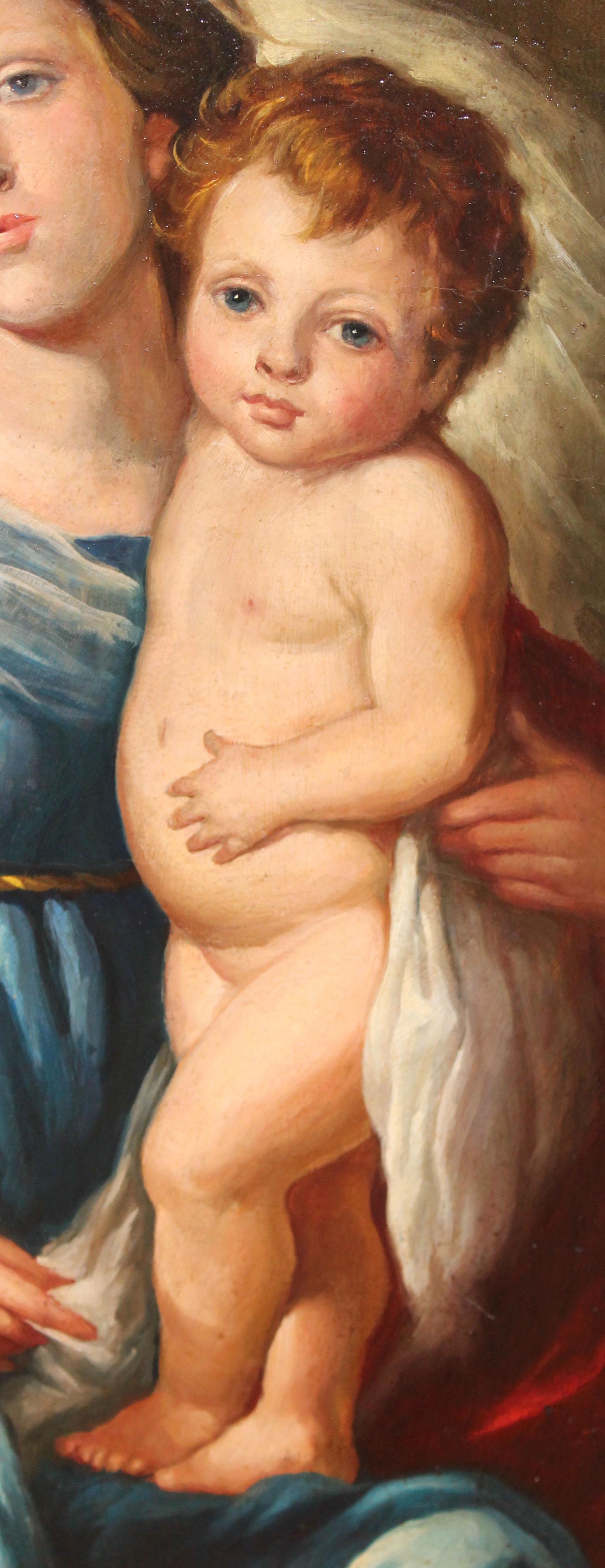 Virgen y niño con guirnalda - Óleo sobre tela en venta 3