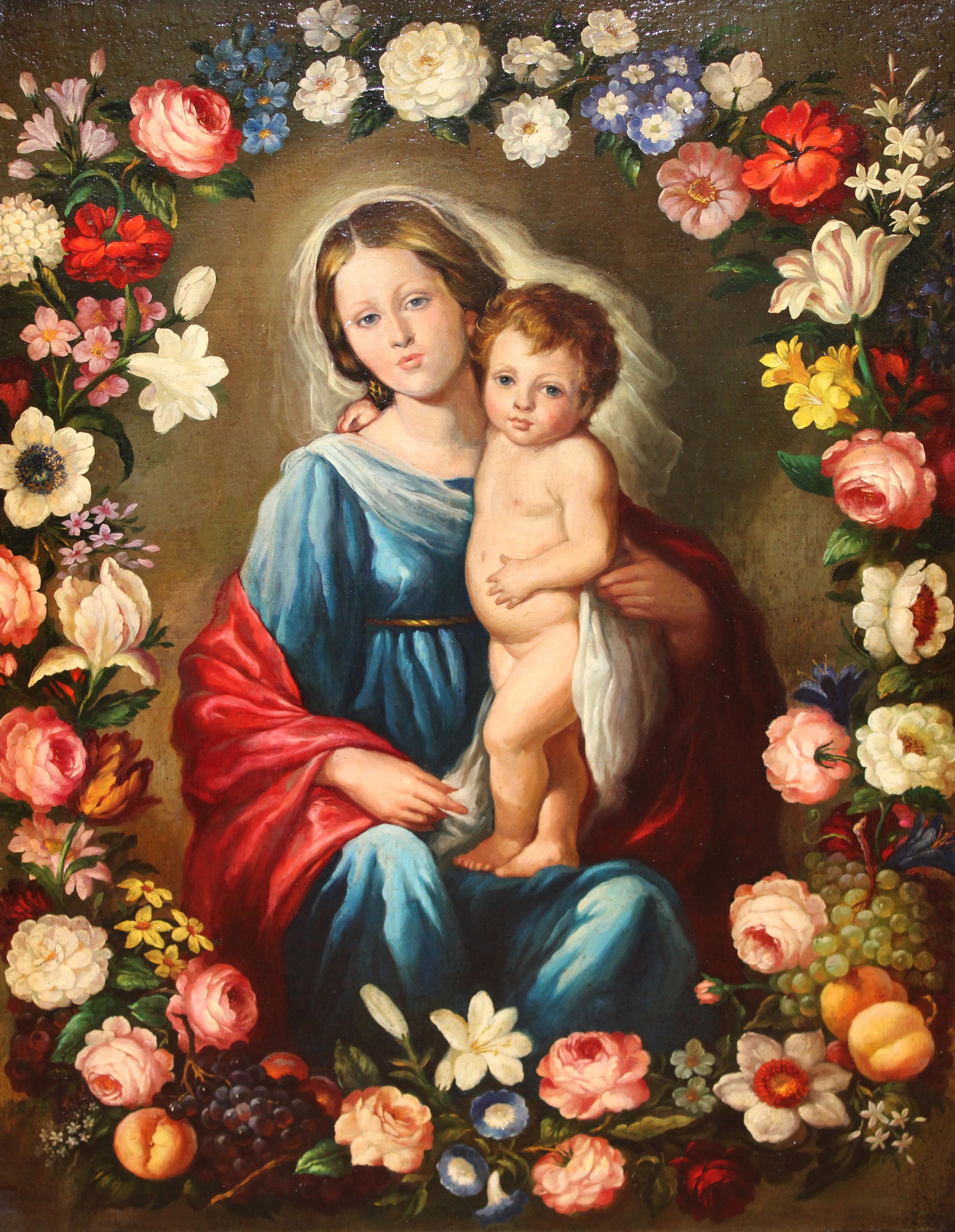 Figurative Painting de Escuela Española (XIX) - Virgen y niño con guirnalda - Óleo sobre tela