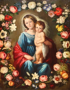 Virgen y niño con guirnalda - Óleo sobre tela