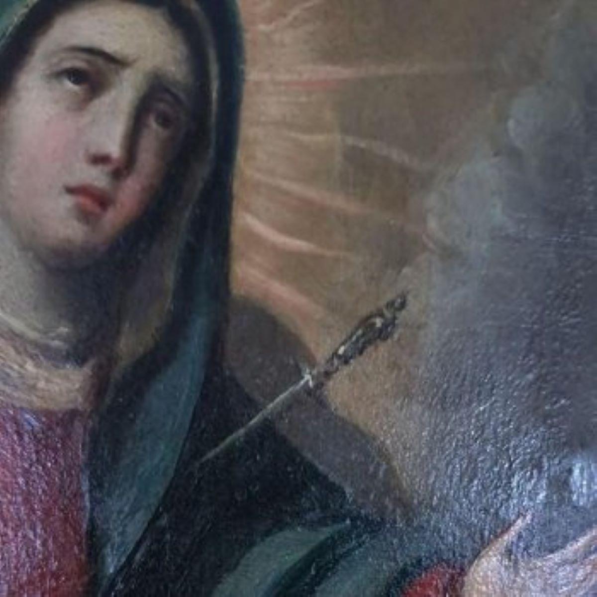 Spanisches Öl auf Kupfer aus dem 18. Jahrhundert - Virgin Dolorosa (Braun), Figurative Painting, von Escuela Española (XVIII)