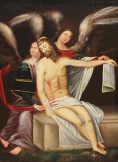 Cristo muerto sostenido por 2 angeles - Óleo sobre tela - Firmado