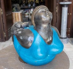 1990s Bronze Sculpture of a Woman in a Blue Bathing Suit